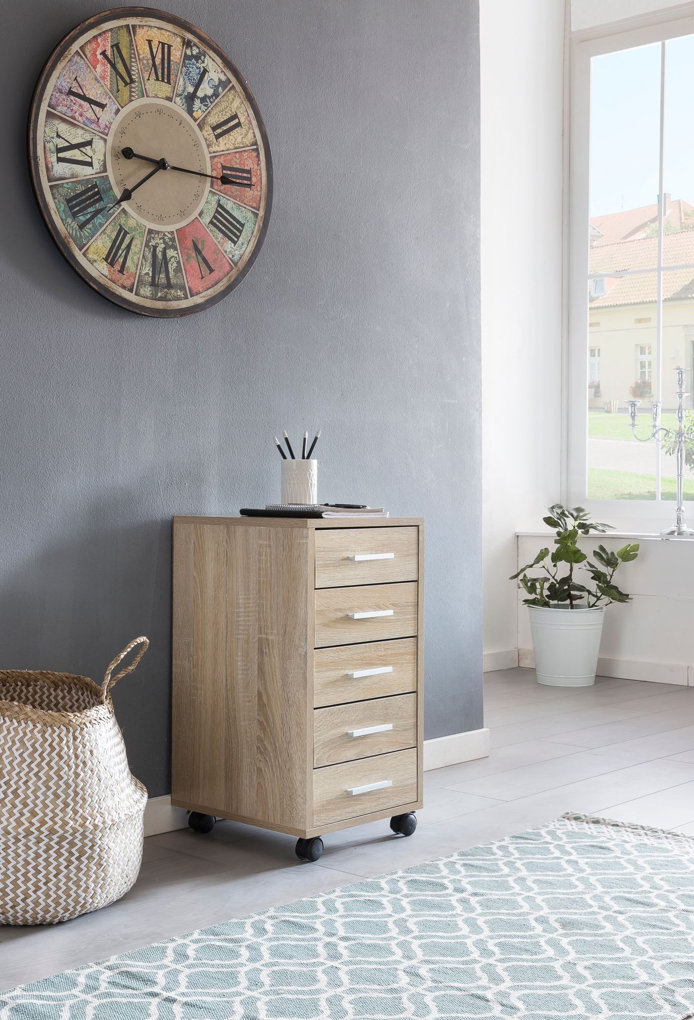 Wohnling Rollcontainer Holz Rollen Standcontainer 33x63x38cm Sonoma Schreibtisc WL5.272, (Schreibtischcontainer 33 x 63 x 38 cm Sonoma), Rollschrank 5 Schubladen, Bürocontainer mit Rollen
