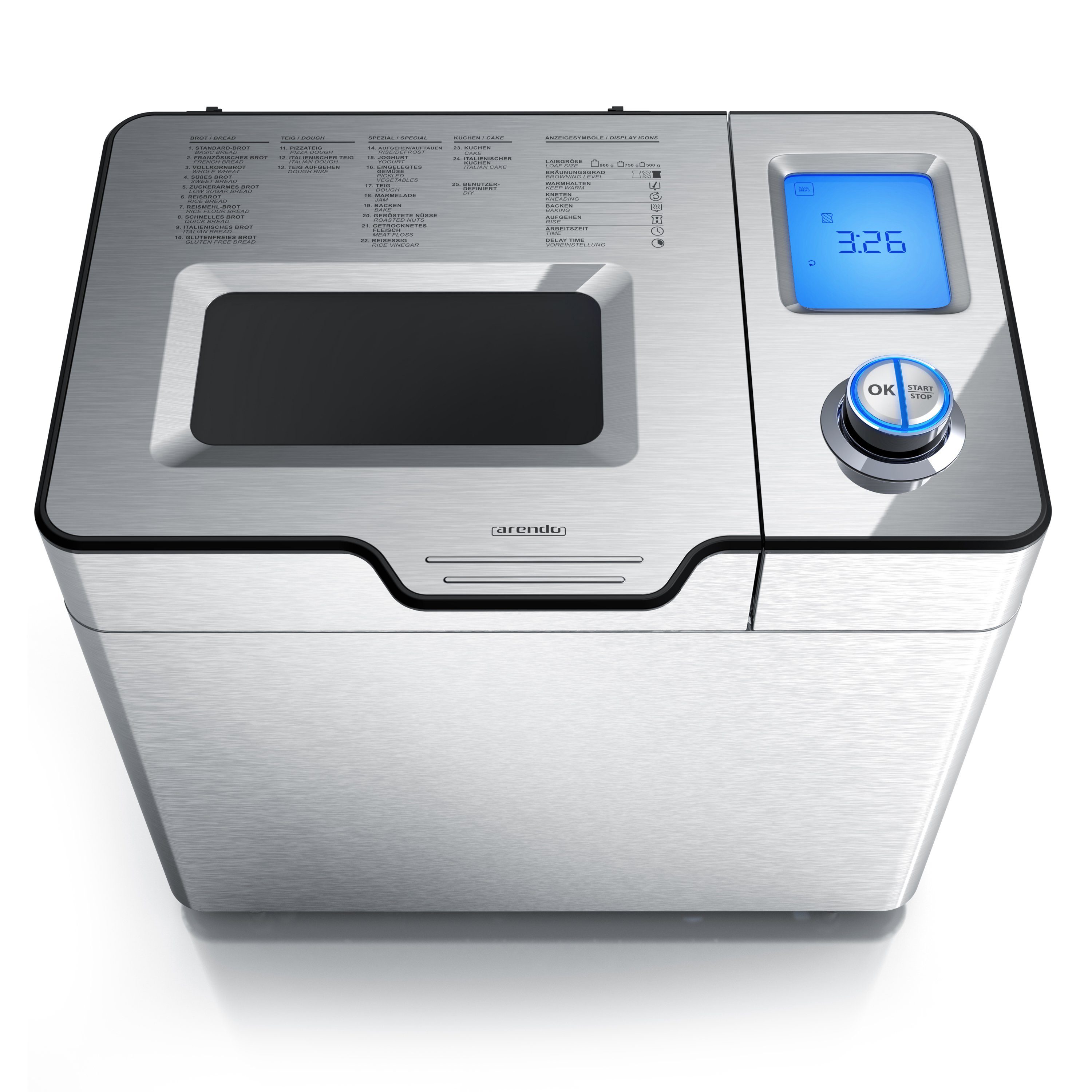 Arendo Brotbackautomat Brotbackautomat 25 Programme, automatisches Zutatenfach, 1kg Kapazität, 25 Programme, 550 W, glutenfreies Backen, Joghurtfunktion, BPA-frei, Direktantrieb