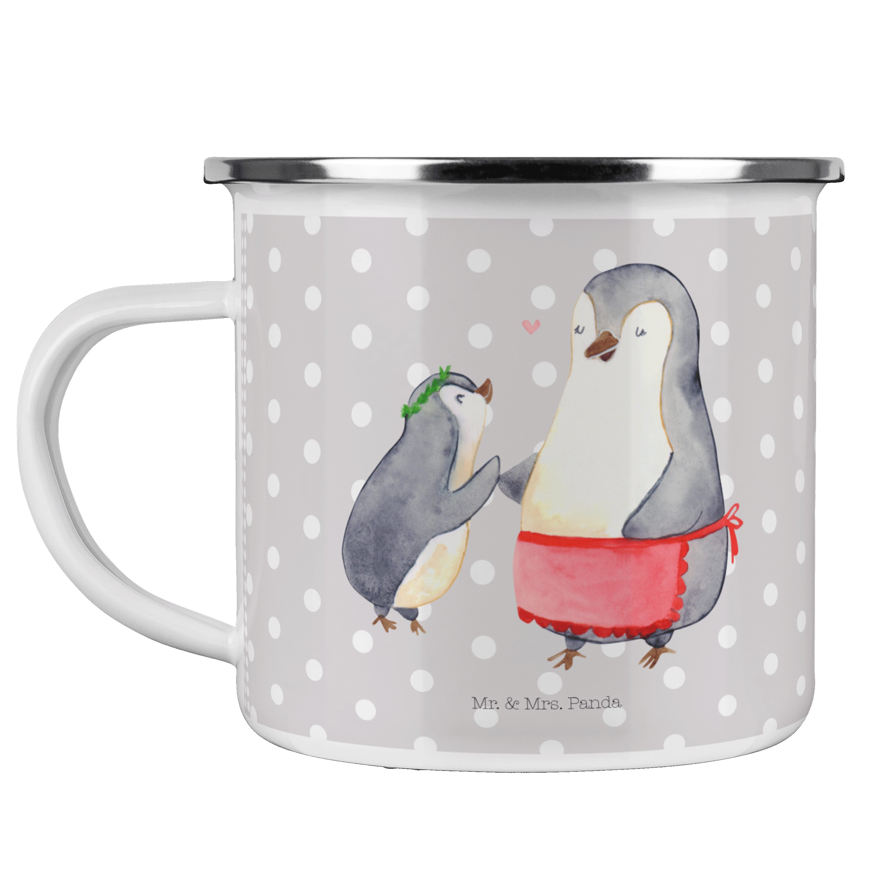 Mr. & Mrs. Panda Becher Pinguin mit Kind - Grau Pastell - Geschenk, Metalltasse, Danke Mama, Emaille