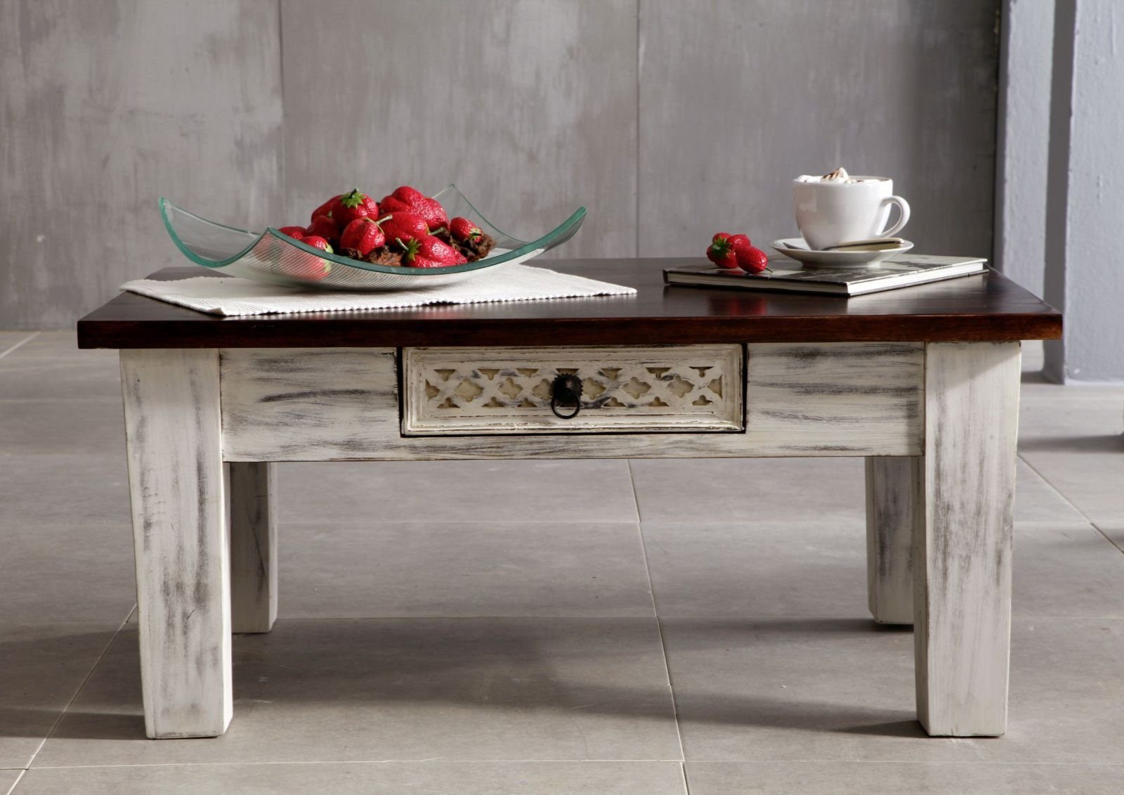 Massivmoebel24 Couchtisch CASTLE-ANTIK (Sofatisch Truhe 90x60 aus massiver Mango und Akazie in braun und weiß)