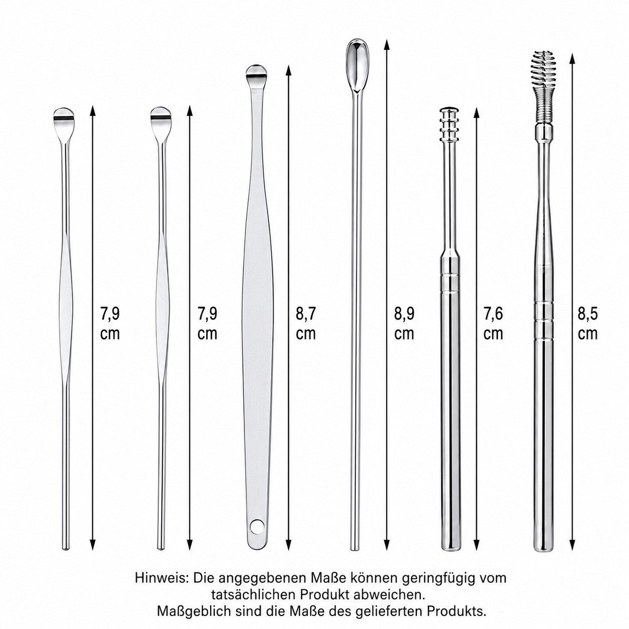 COOL-i ® Ohrenreiniger Edelstahl Ohrenreiniger Set – 6-teiliges, 6-tlg., wiederverwendbares & rostfreies Ohrreinigungswerkzeug