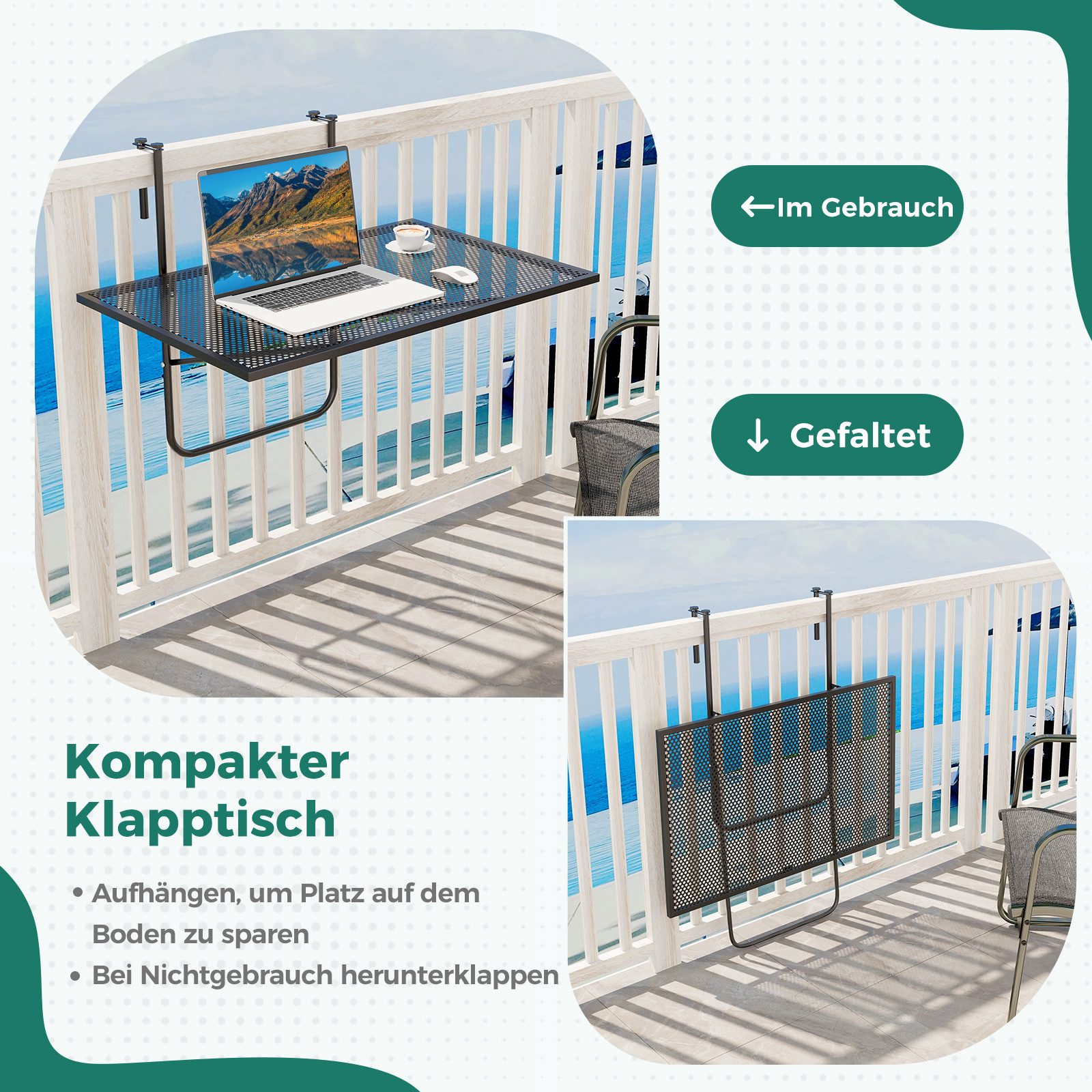 COSTWAY Balkonhängetisch klappbar, Balkontisch klein, Terrassetisch Metall, schwarz