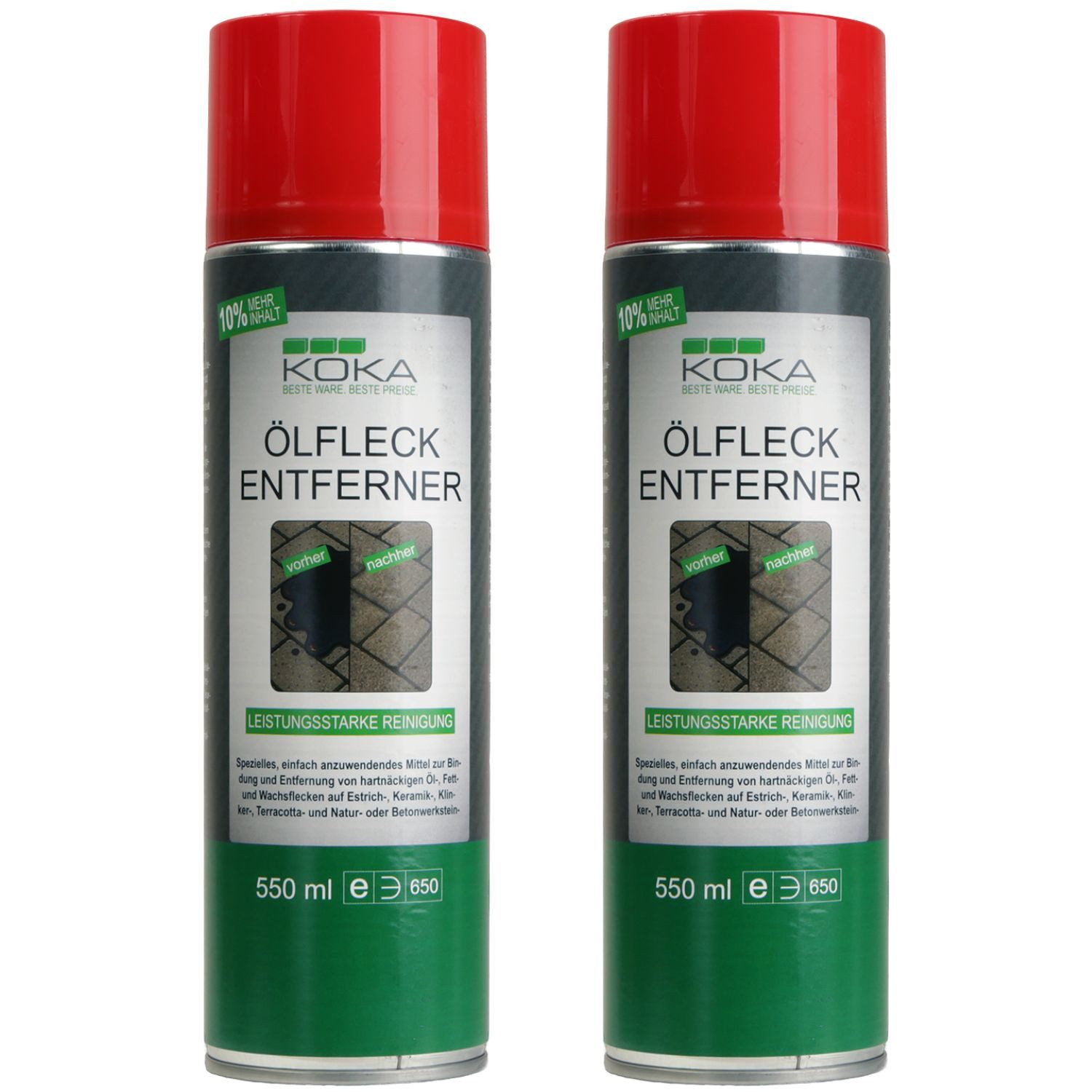 KOKA 2x Ölfleck-Entferner 1,1 L Spray Öl Fleckentferner Steinbodenreiniger (Set, [- 2x Spraydose Bindemittel Ölfleckentferner Öl Ex Pflaster Fliesen Beton Naturstein)