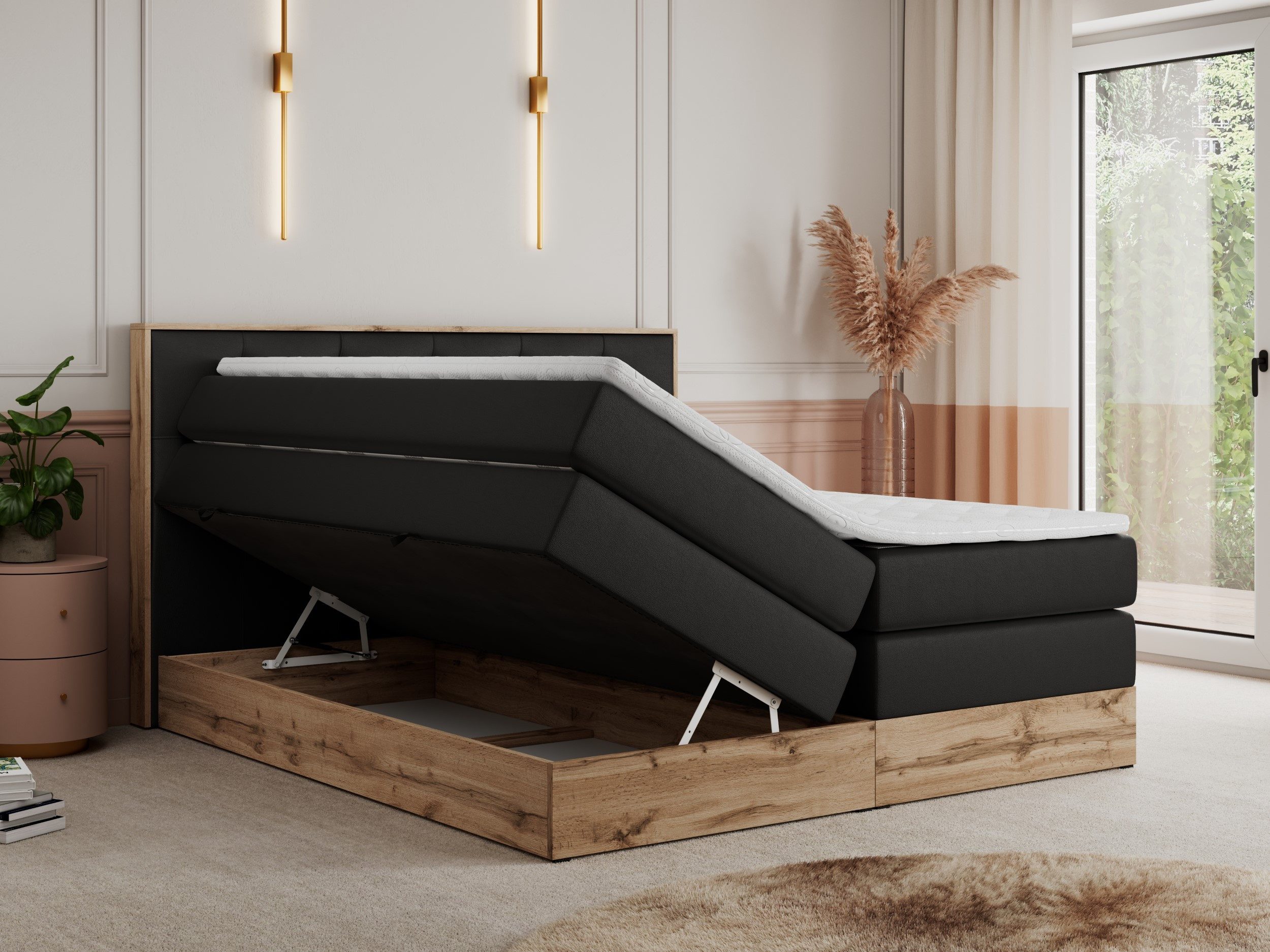 MKS MÖBEL Boxspringbett VENETO KING (Doppelbett, Multipocket-Matratzen, Topper T25/Visco, T30-Schaum), zwei Bettkästen und Rahmen in Eichen-Optik, Schlafzimmer, Polsterbett