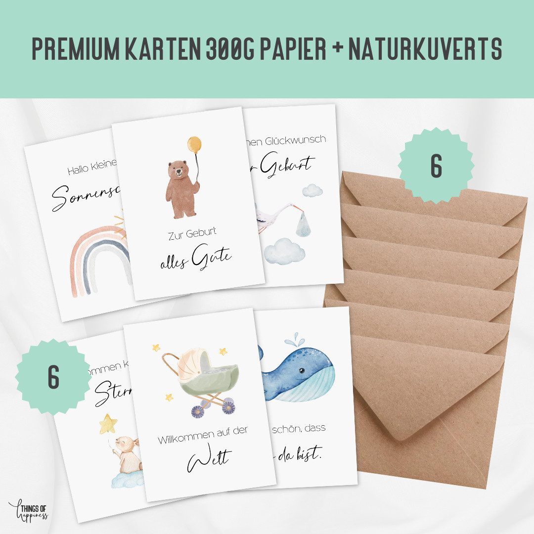 Things of Happiness Grußkarten 6 Glückwunschkarten zur Geburt Baby, Set Klappkarten Geburt, 6 Karten und 6 Briefumschläge aus Recyclingpapier, aquarell Still
