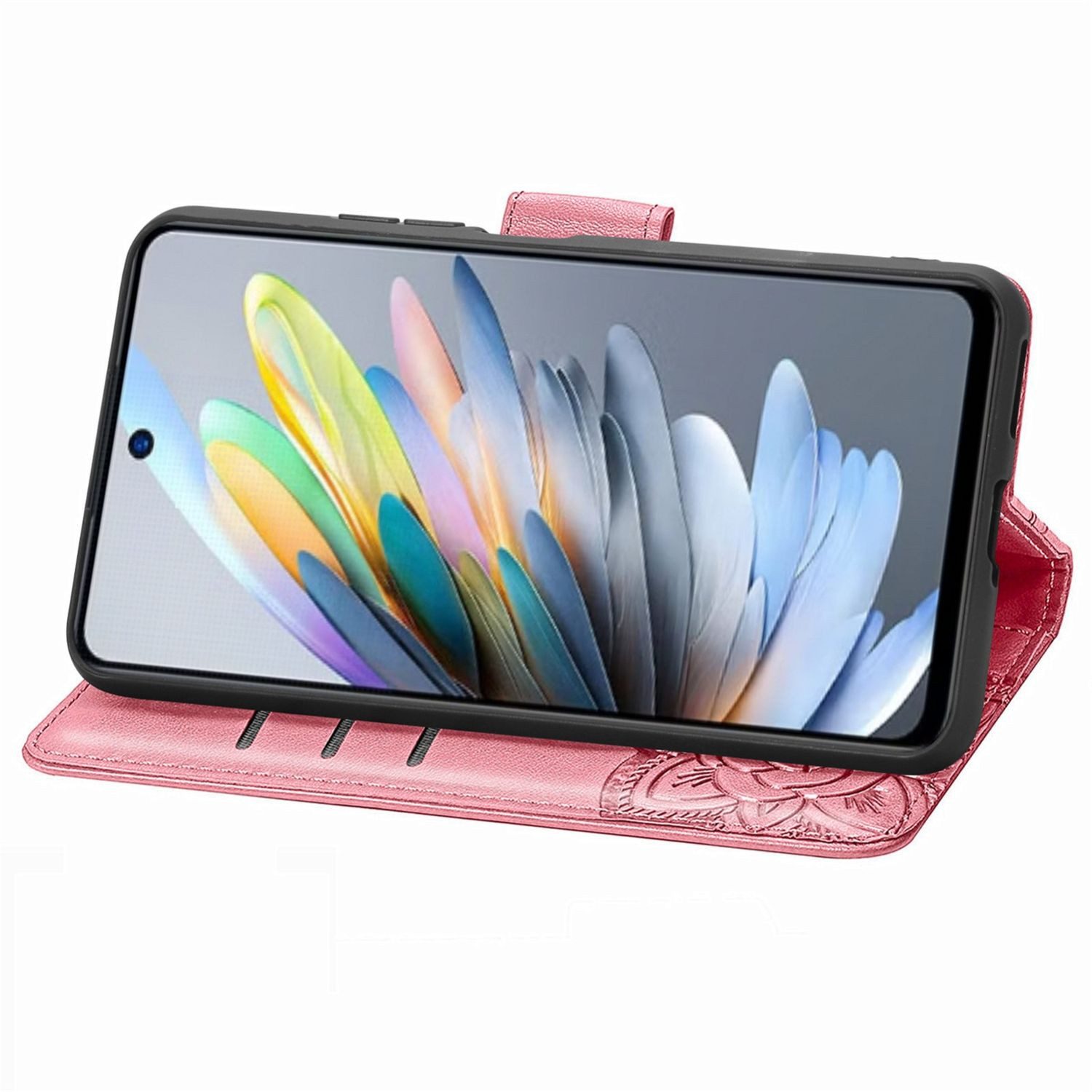 Wigento Smartphone-Hülle Für ZTE Blade A75 4G Kunstleder Schmetterling Wallet Hülle Tasche Pink, Kunst-Leder Schutzhülle Smart Case Cover magnetischer Verschluss