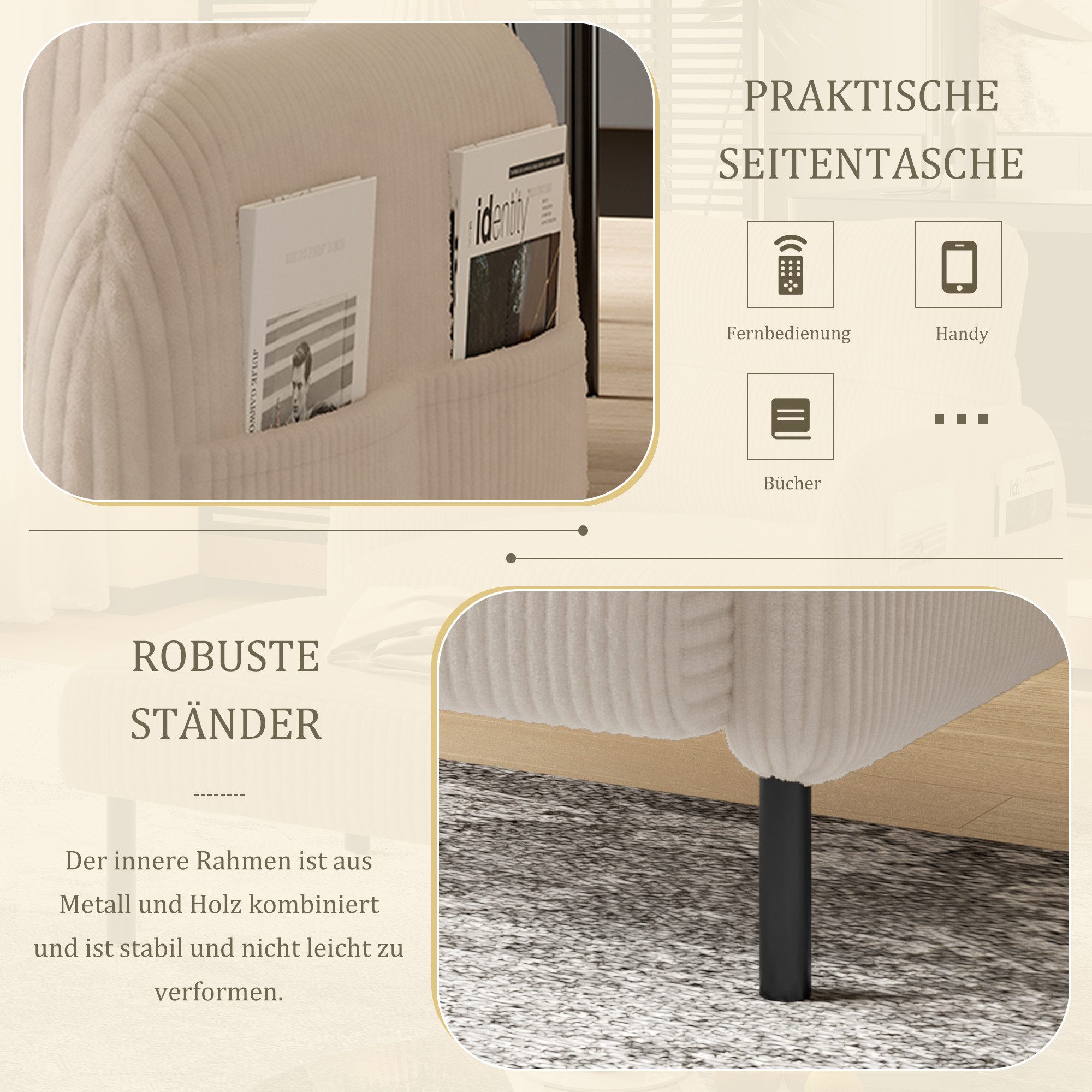 BlingBin Sessel Relaxsessel Polsterstuhl Loungesessel (1-St., Cordstoff, Armlehnen mit Seitentaschen auf beiden Seiten), für Wohnzimmer, Schlafzimmer, Arbeitszimmer, 67x75x79 cm