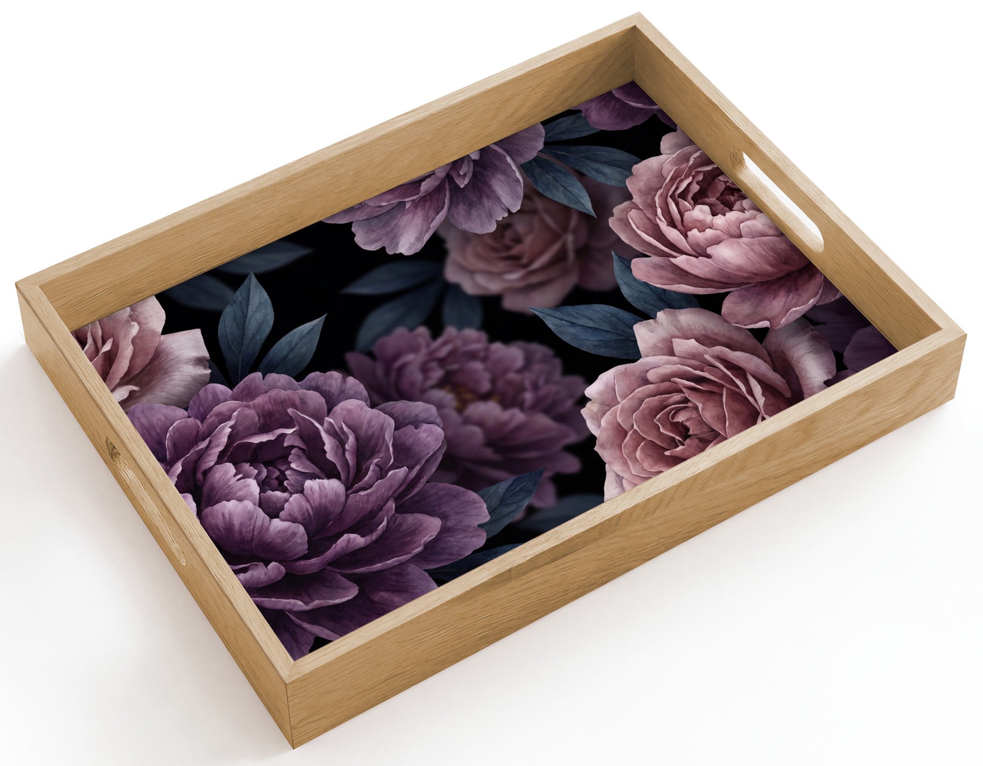 OnlyWow Tablett Rechteckig mit Henkel Blumen – Muster – Dunkel – Botanisch – Lila, Eichenholz, (1-tlg), Siervierplatte, Tray, Frühstücksbrett