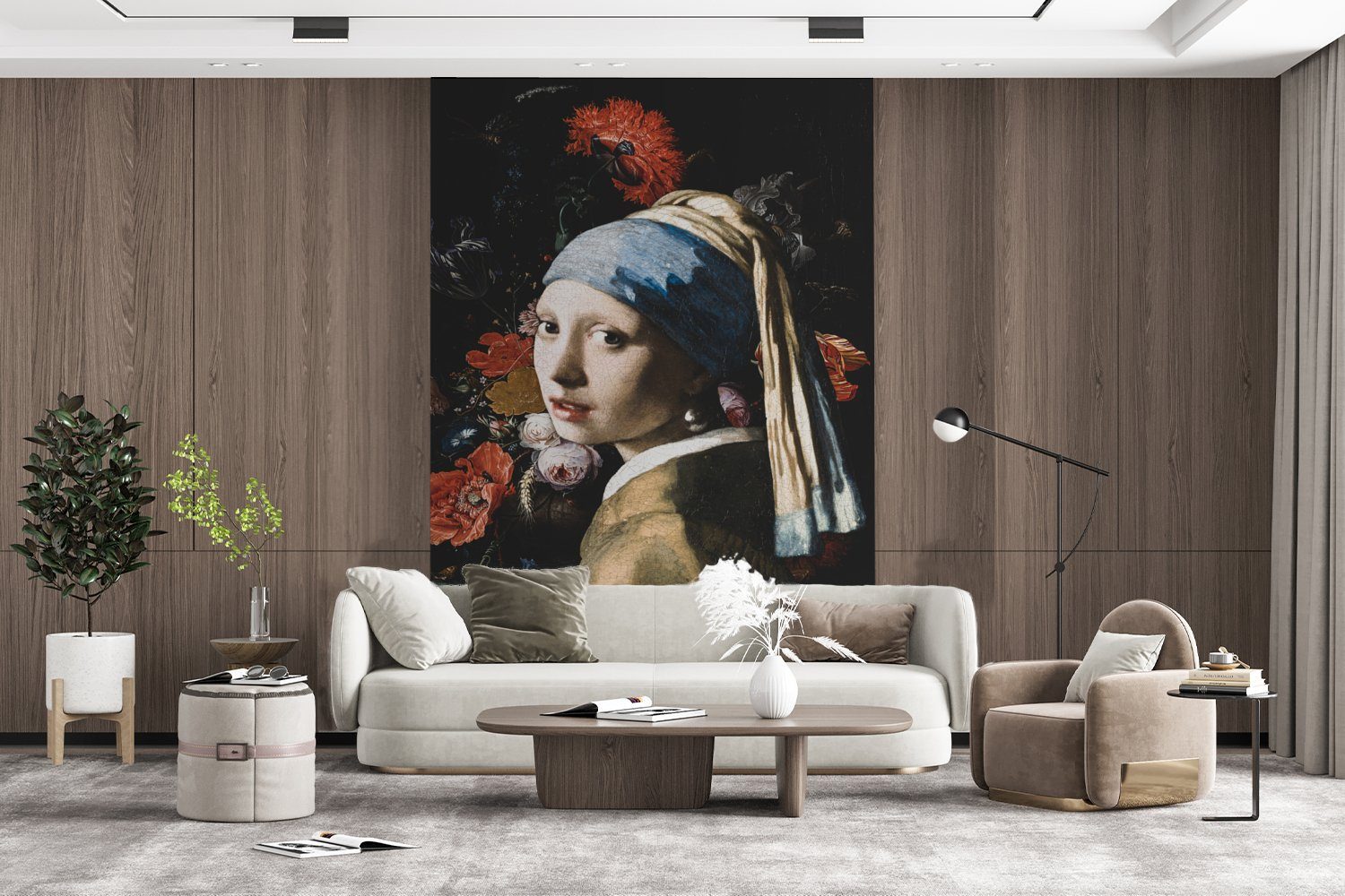 - Matt, mit (3 - Perlenohrring Wohnzimmer, Johannes Mädchen - Vermeer St), Rot, Montagefertig für Fototapete bedruckt, Wandtapete Tapete Blumen MuchoWow Vinyl