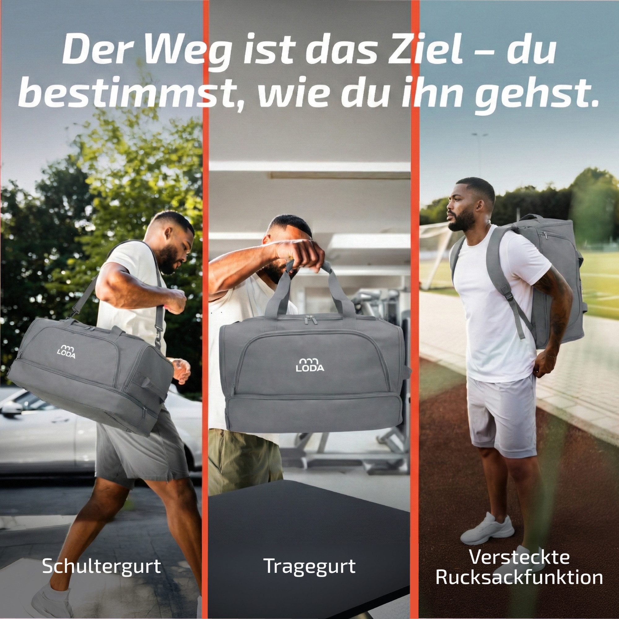 LODA sports Sporttasche compact 48L - Trainingstasche mit Rucksackfunktion & Schuhfach, 50 cm (L) x 30cm (B) x 32cm (H), 48 Liter Volumen