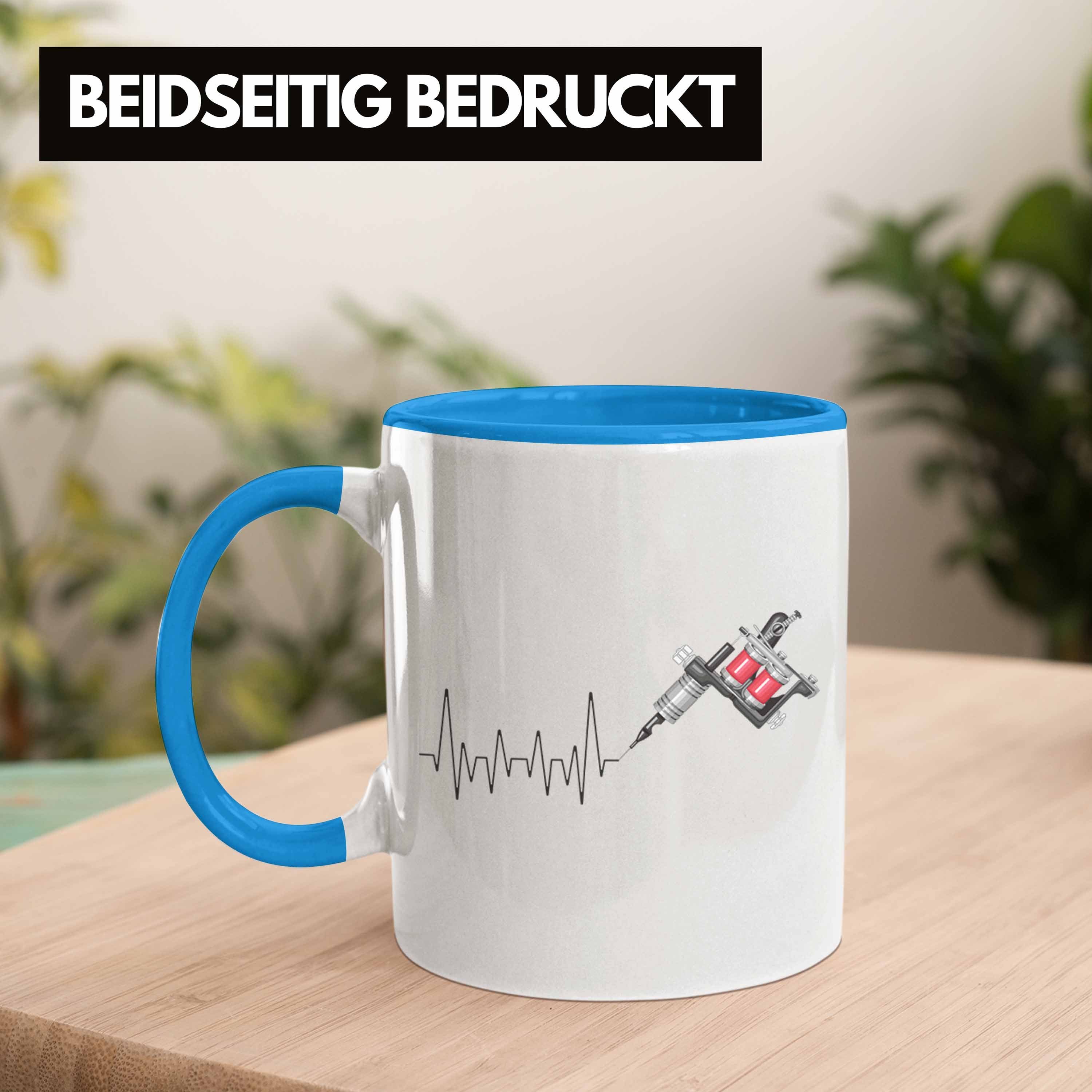 Geschenk Tasse Blau Tattoowierer Tasse Trendation Herzschlag Liebhan - für Trendation Tattoo