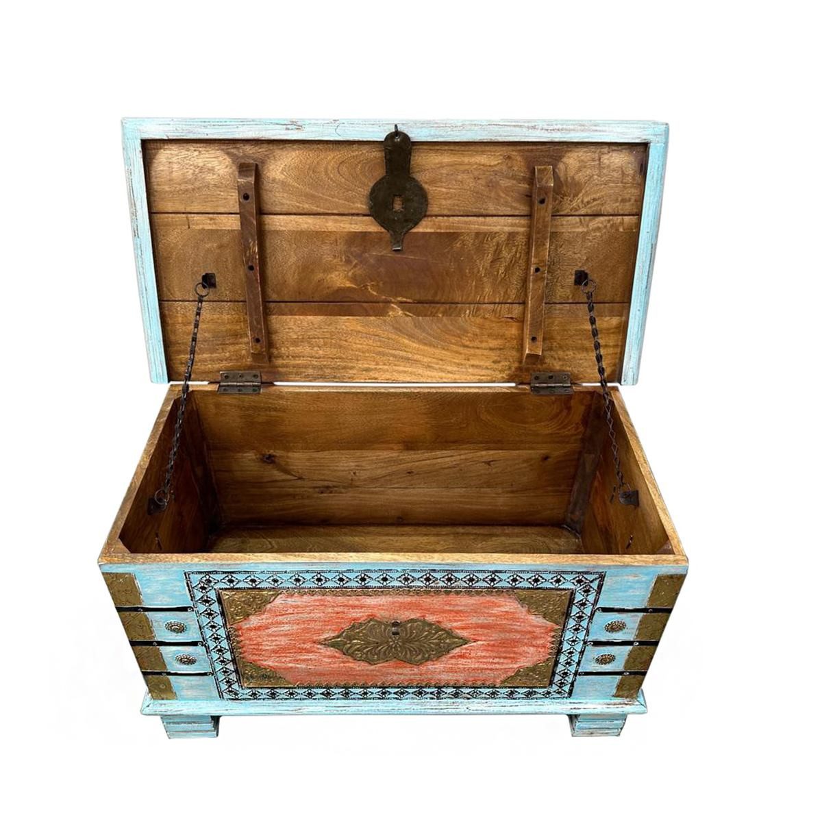 Oriental Galerie Truhe Indische Truhe Hellblau Orange 80 cm (1 St), Beistelltisch, Holztruhe, Antik, Wäschetruhe, Möbeltruhe, Holzkiste