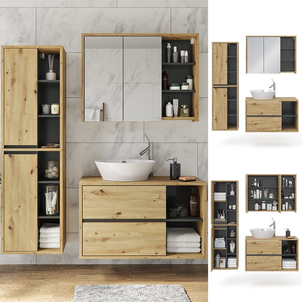 Vicco Badmöbel-Set Viola, Anthrazit/Eiche, 3 Teile, günstig online kaufen