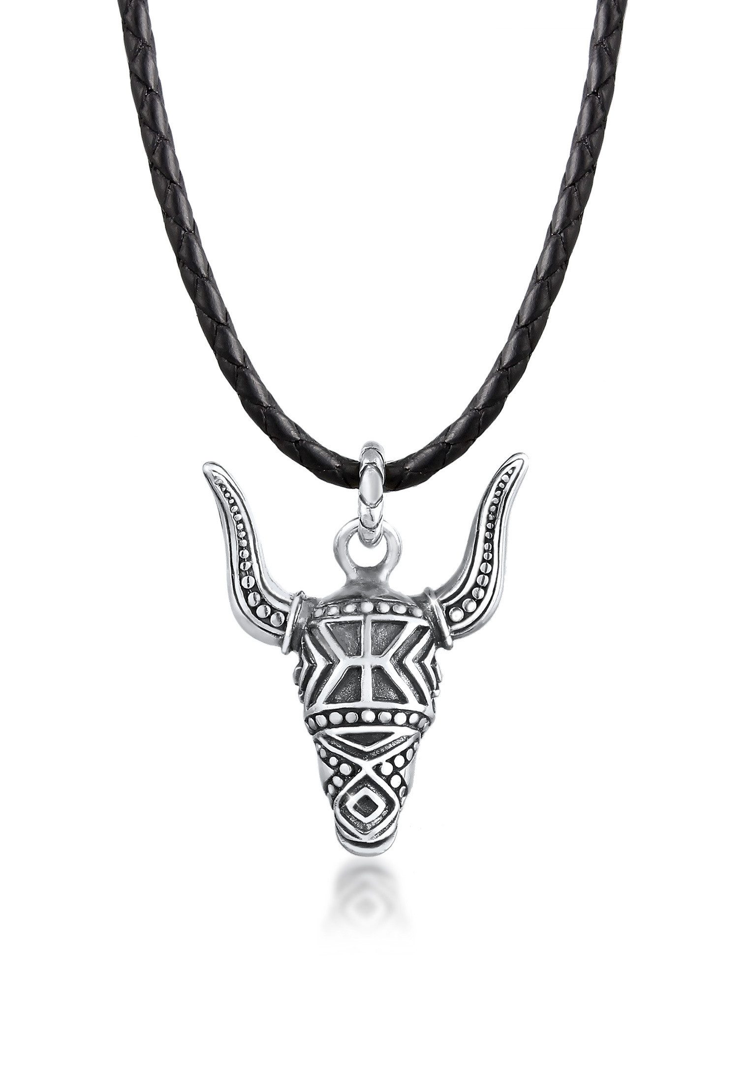 Kette mit Anhänger Herren Leder Stierkopf Bulle 925 Silber