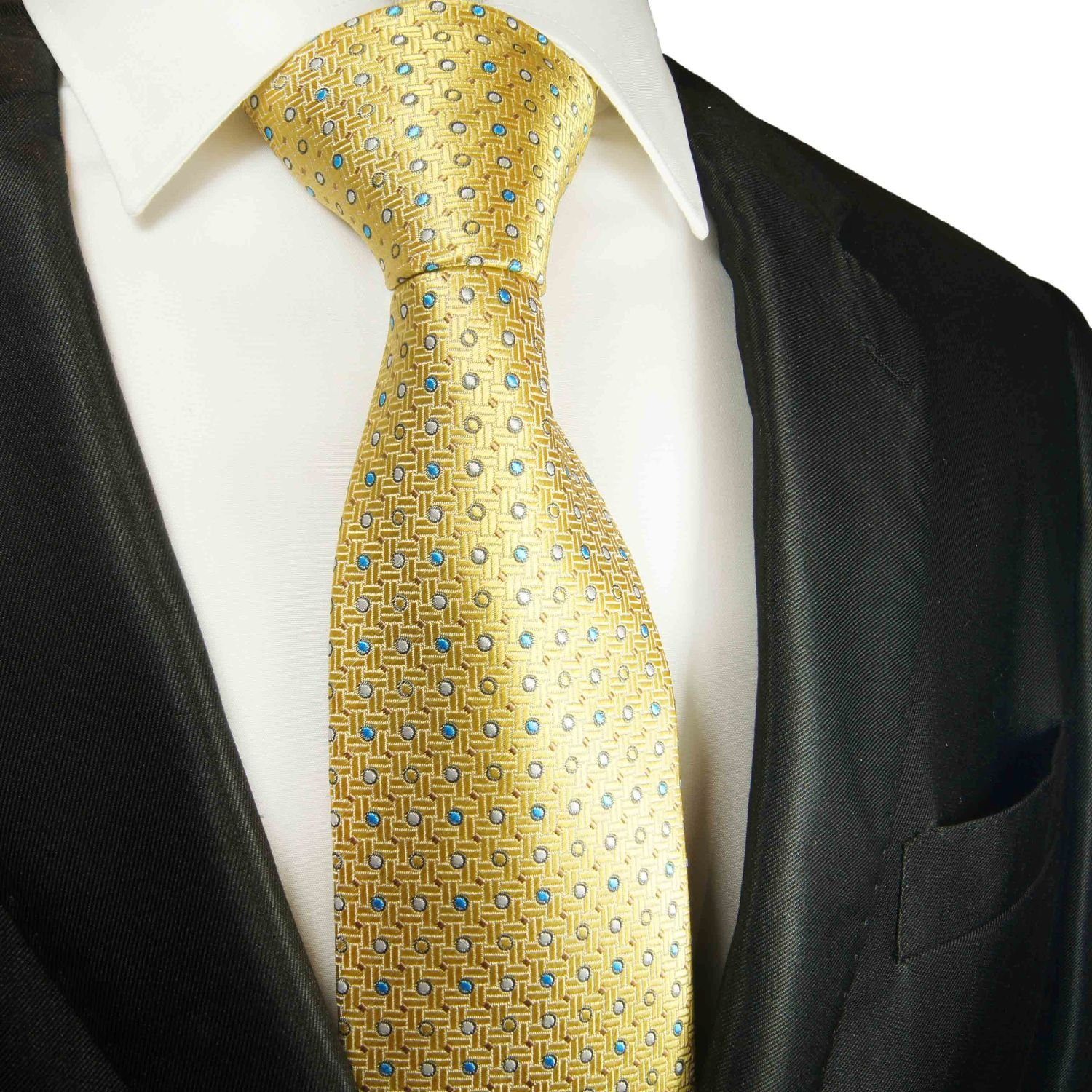 Designer Schmal gepunktet Seidenkrawatte gelb blau Herren (6cm), Schlips 100% Seide Krawatte Malone modern Paul 2106