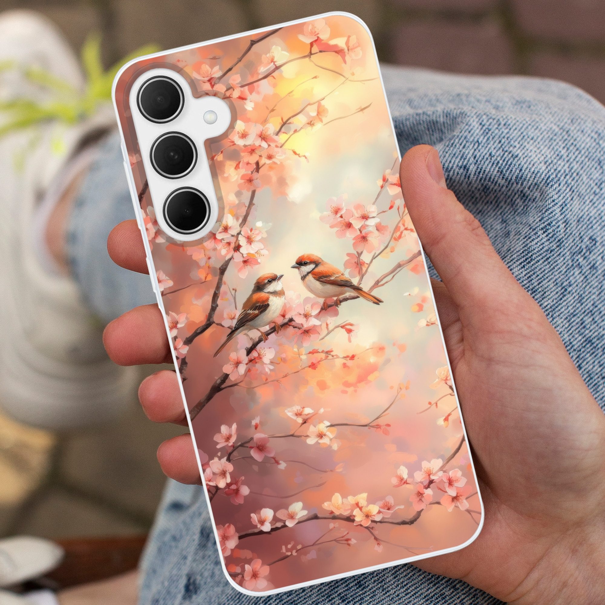 MuchoWow Handyhülle für Samsung Galaxy A35 5G Vögel - Romantisch - Blühende Zweige, Smartphone-Bumper, Print, Handy Schutzhülle Dünn