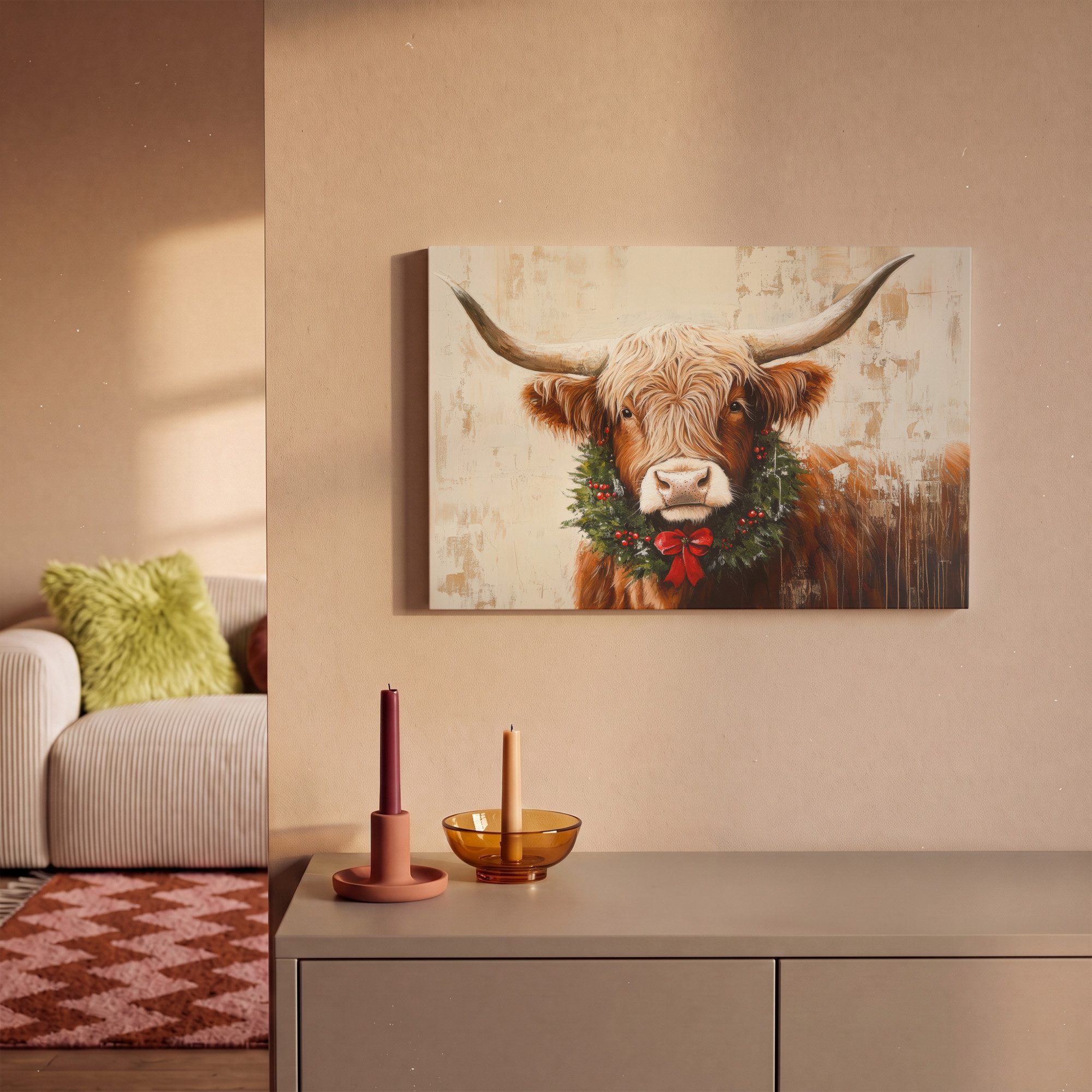 OneMillionCanvasses® Leinwandbild Weihnachten - Schottischer Highlander - Braun - Kranz, Fotodruck (1 St), Leinwand Bilder Klein, Wand Dekoration Aesthetic 30x2 – Bild 2 von 5
