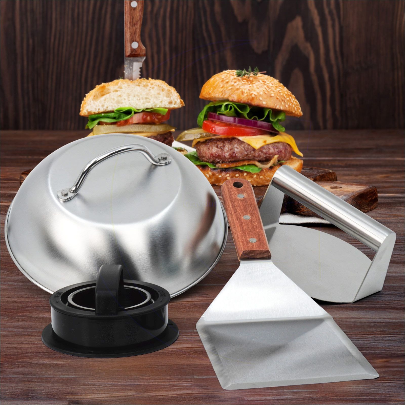 Gravidus Burgerpresse Smash-Burger Maker Set 4-teilig mit Haube, Pressen und BBQ-Wender, Edelstahl, Kunststoff, Holz