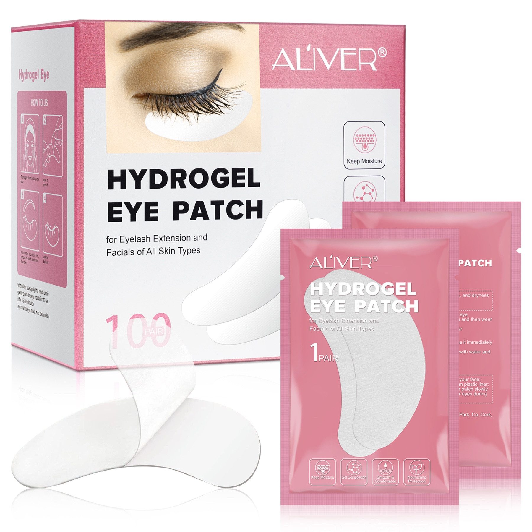 ALIVER Augenpads Wimpernverlängerung Augen Hydrogel Eyepads 100 Paar Box, 100-tlg., Augenpads für Wimpernverlängerung