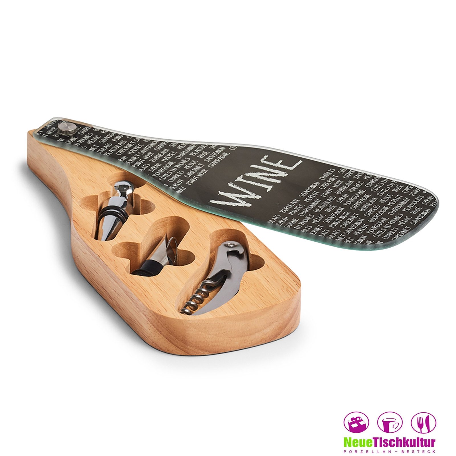 Neuetischkultur Weinflaschenöffner Wein-Set, 4-teilig Gummibaum, Glas, Edelstahl (Set, 4-tlg., Geschenkvcerpackung, Stopfen, Ausgießer und Korkenzieher), Barset Barzubehör
