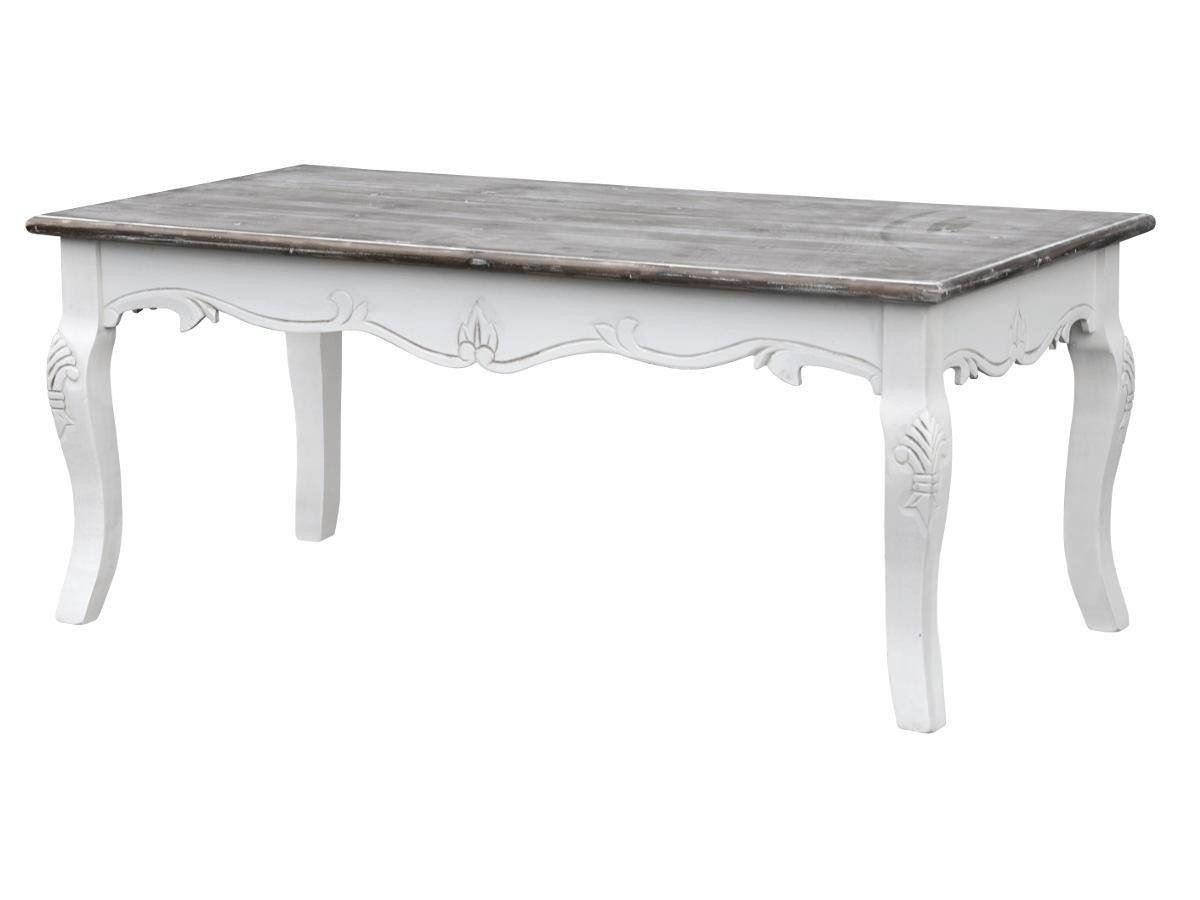 Livin Hill Couchtisch Rimini White, Provenzalischer Stil, weiße Schnitzereien, dunkelbraune Tischplatte