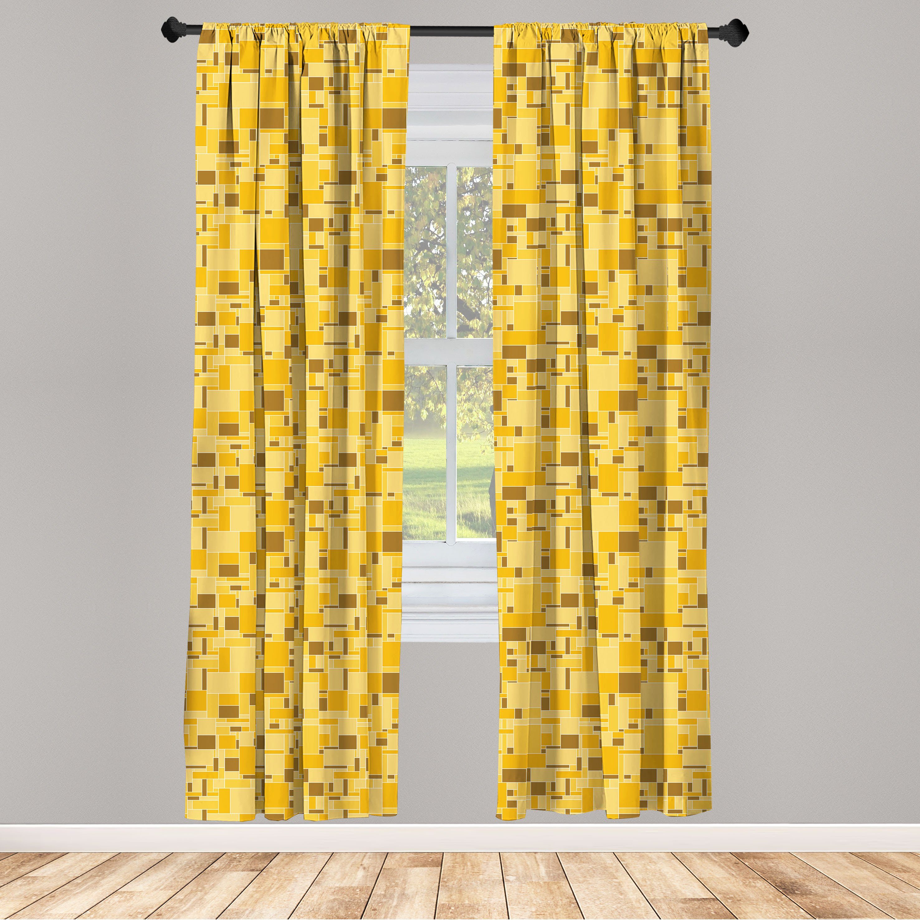 Gardine Vorhang für Wohnzimmer Schlafzimmer quadriert Dekor, Weinlese-Gelb Microfaser, Abakuhaus, Gitter