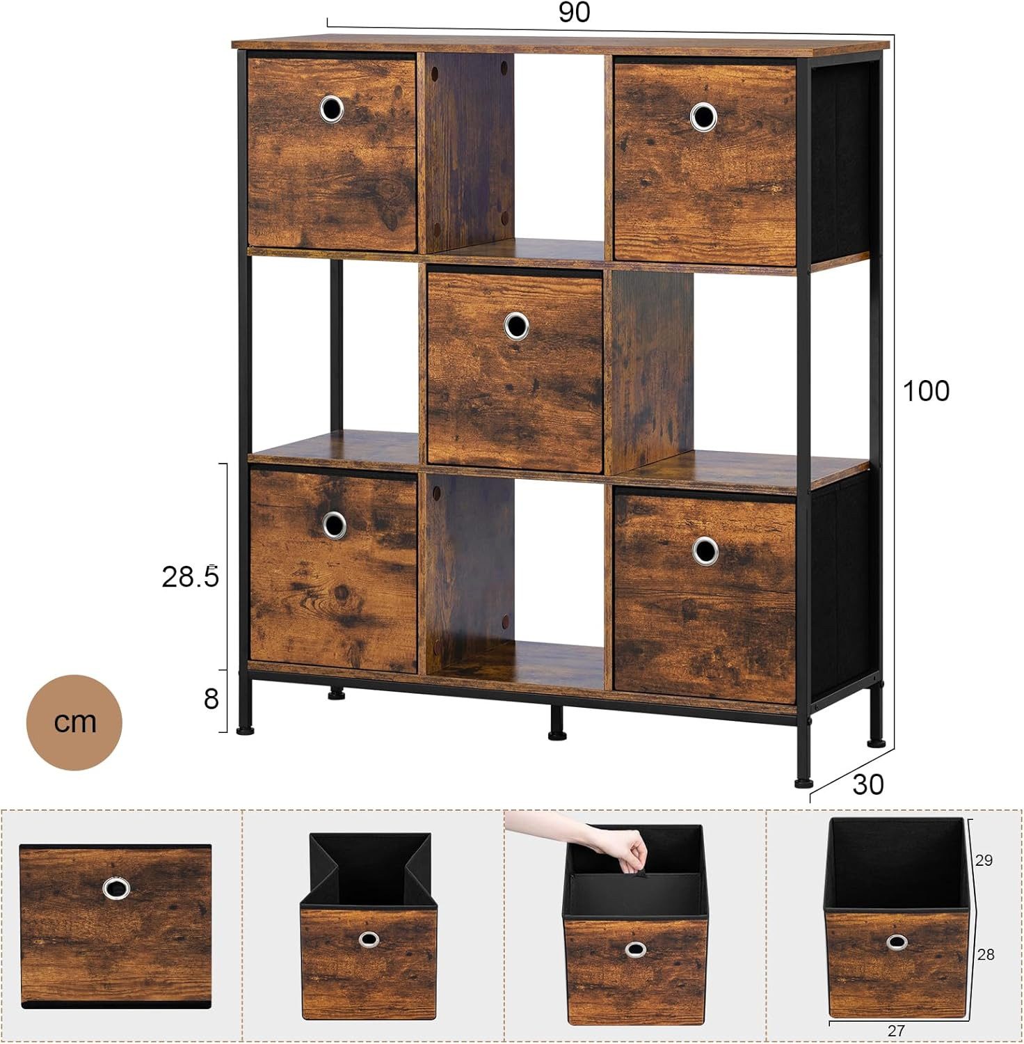 Woltu Bücherregal, mit 4 offenen Fächern, 5 Vliesstoff-Schubladen, Standregal 90x30x100cm