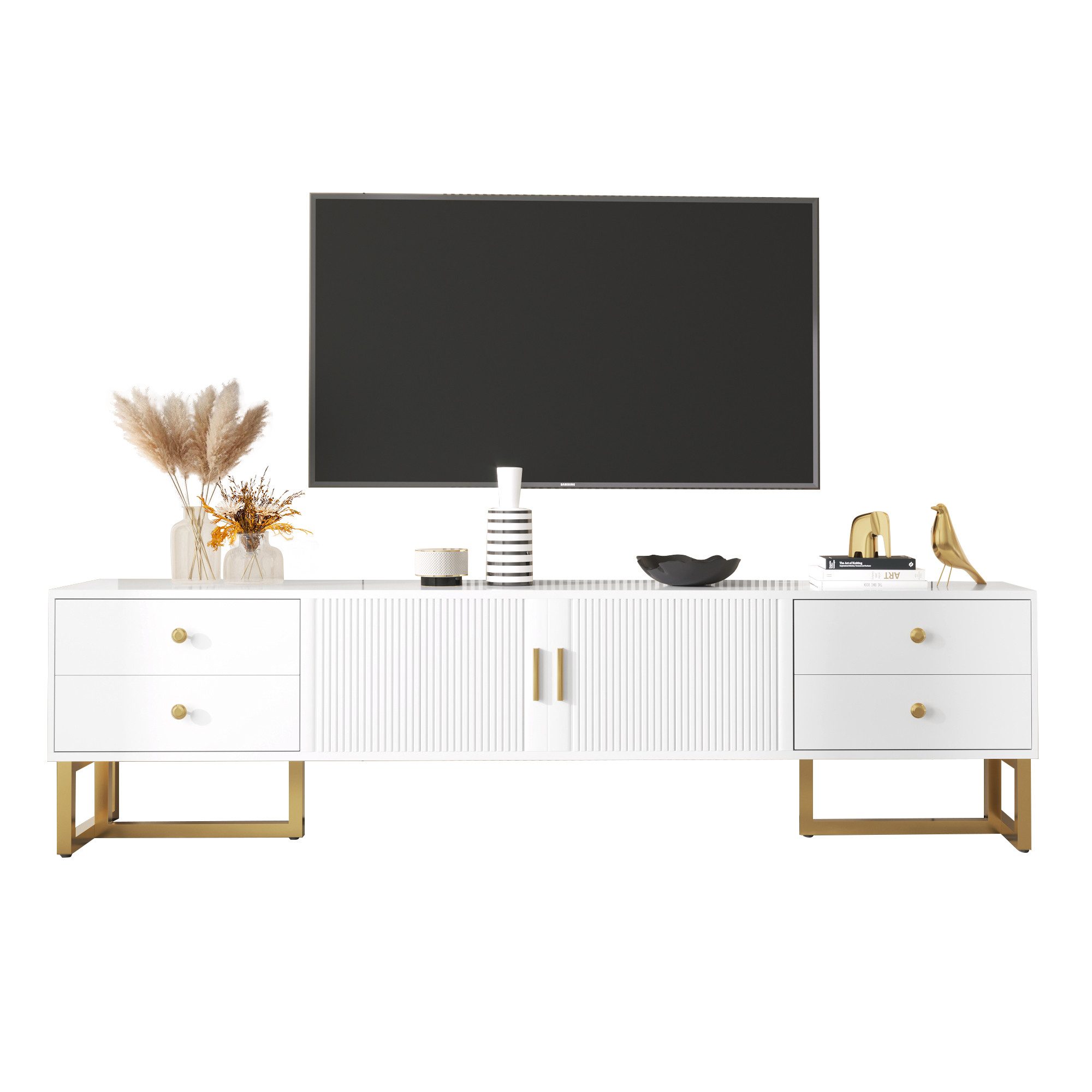 Refined Living Lowboard TV-Schrank, TV-Möbel TV-Ständer TV-Board, Fernsehtisch (1 St., 2 Tür, 4 Schubladen, 1 St., niedriges Paneel mit strukturierter Tür, TV-Möbel mit Schubladen), mit goldenen Griffen und goldenen Füßen, 175*30*46cm