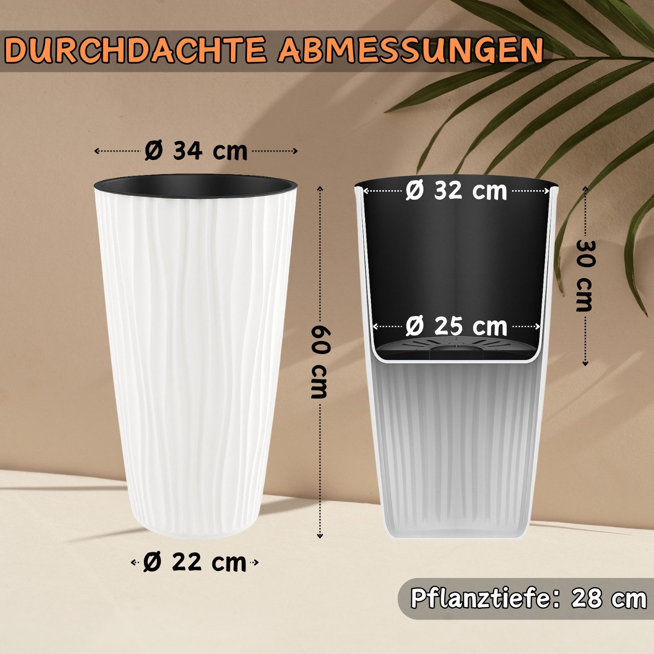 Engelland Blumentopf Pflanztopf mit herausnehmbarem Einsatz & Bewässerungssystem (1 St., robuster PP-Kunststoff), Wasserspeicher, Rillenoptik, hoch, rund, modern, UV-resistent