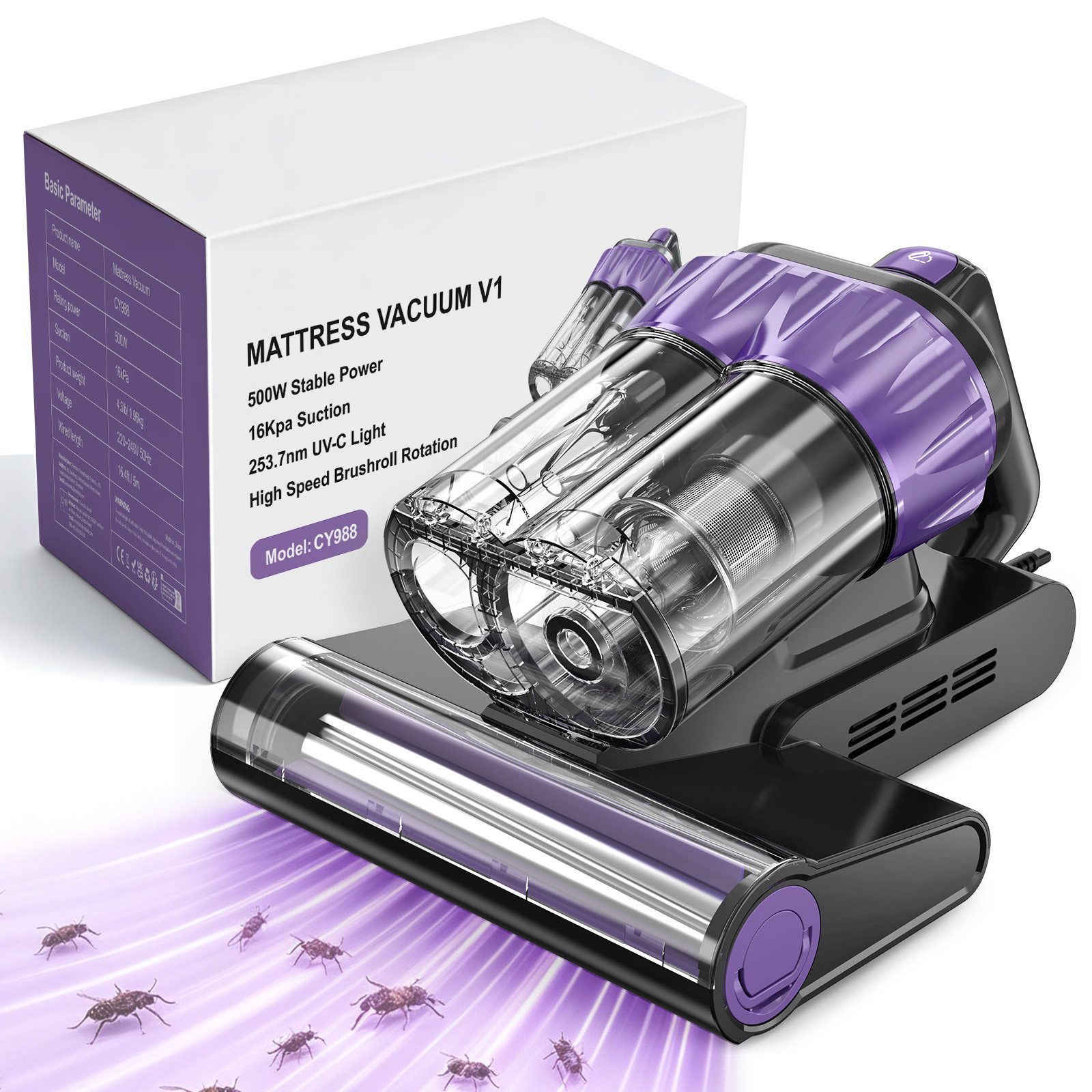 Fofile Matratzenreinigungsgerät Milbensauger, 15 kPa, UVC-Licht, Klopfwalze, 600 ml, 5 m Kabel, 400 W, mit Beutel, V-Klopfwalze, Haarreduzierung, Ein-Knopf-Entleerung, LED-Anzeige