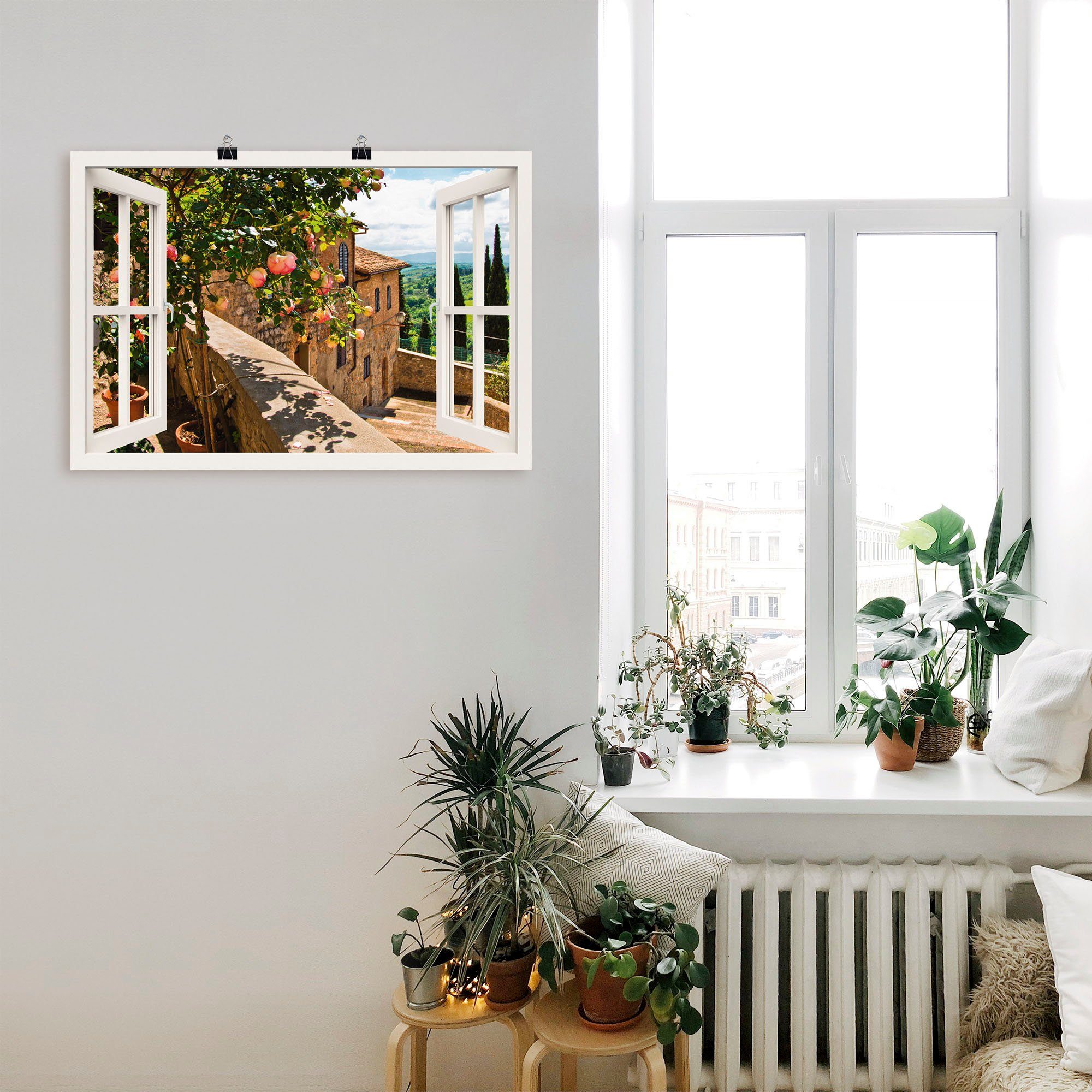Artland Wandbild Fensterblick Rosen auf Balkon Toskana, Garten (1 St), als Alubild, Leinwandbild, Poster in verschied. Größen