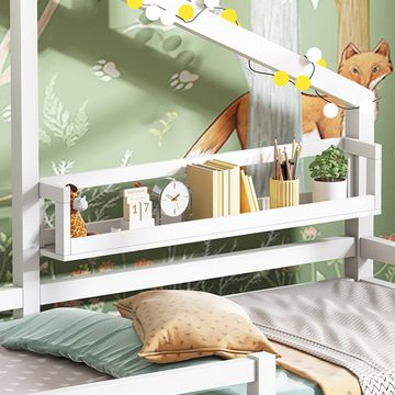 PHOEBE CAT Kinderbett (Hausbett mit Ablageregal), Einzelbett mit Lattenrost und Rausfallschutz, 90x200 cm, Kiefer, Weiß
