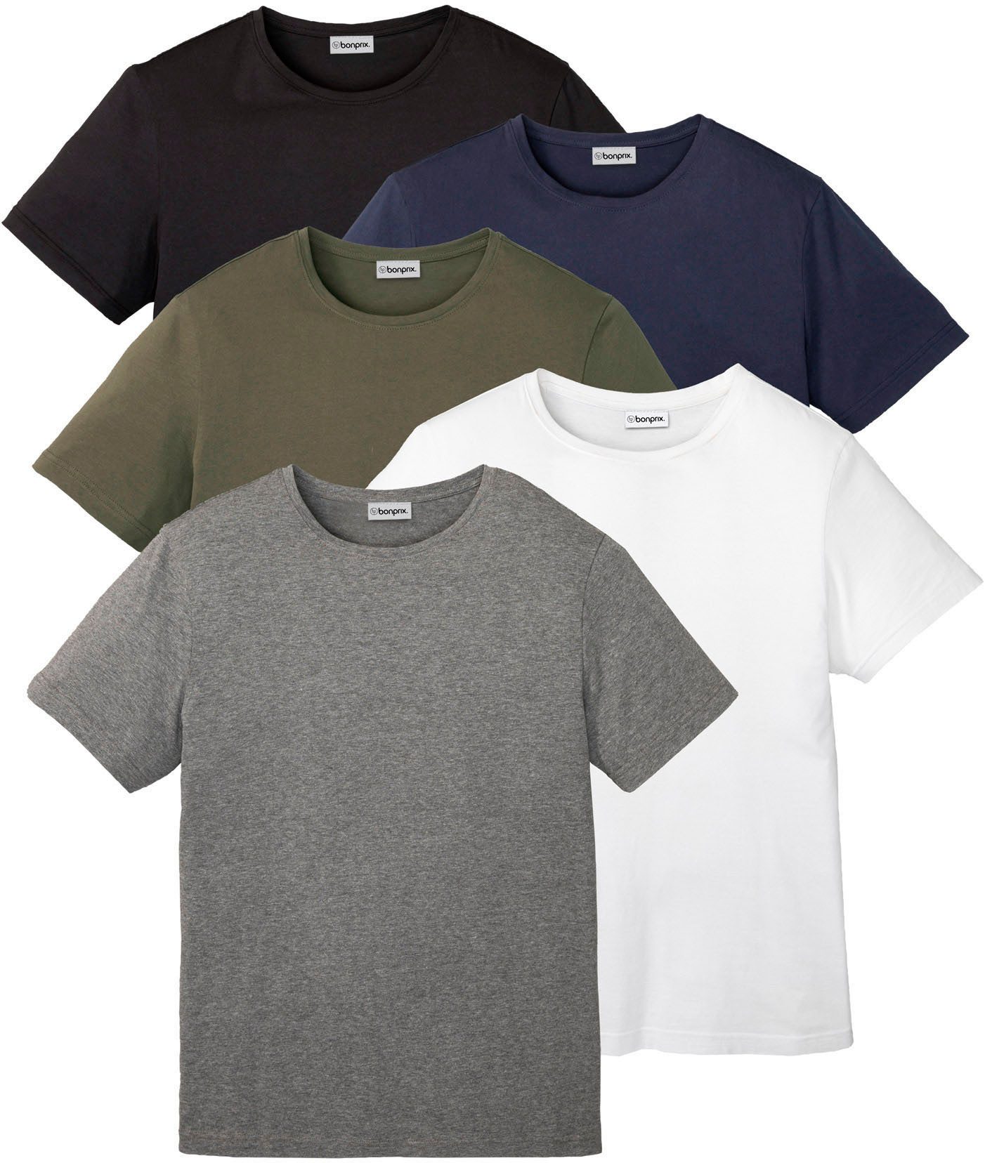 bonprix T-Shirt (Packung, 5-tlg., 5er) Regular Fit, Kurzarm, für warme Tage, aus Baumwolle und Viskose