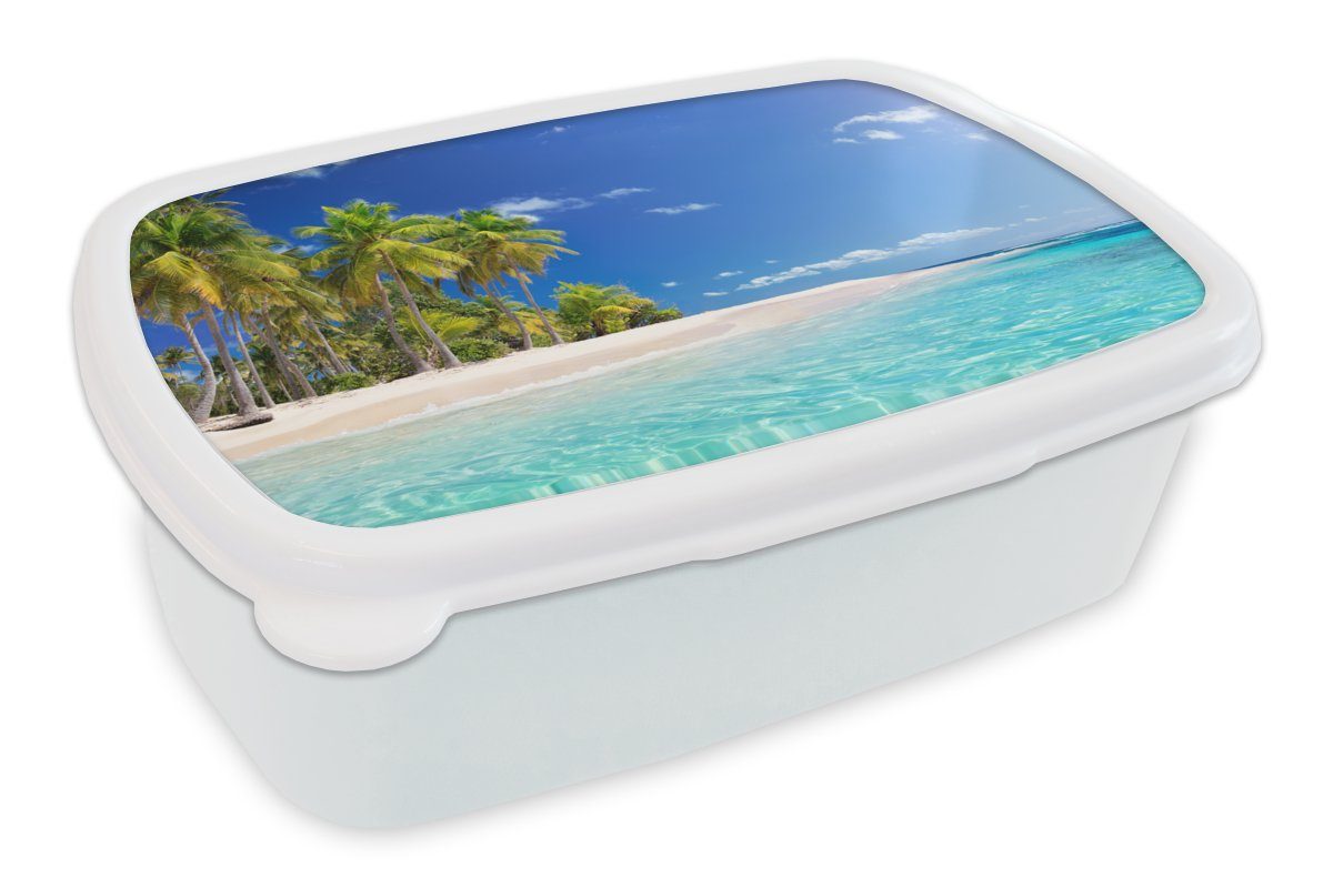 MuchoWow Lunchbox Strand - Meer - Palme, Kunststoff, (2-tlg), Brotbox für Kinder und Erwachsene, Brotdose, für Jungs und Mädchen weiß