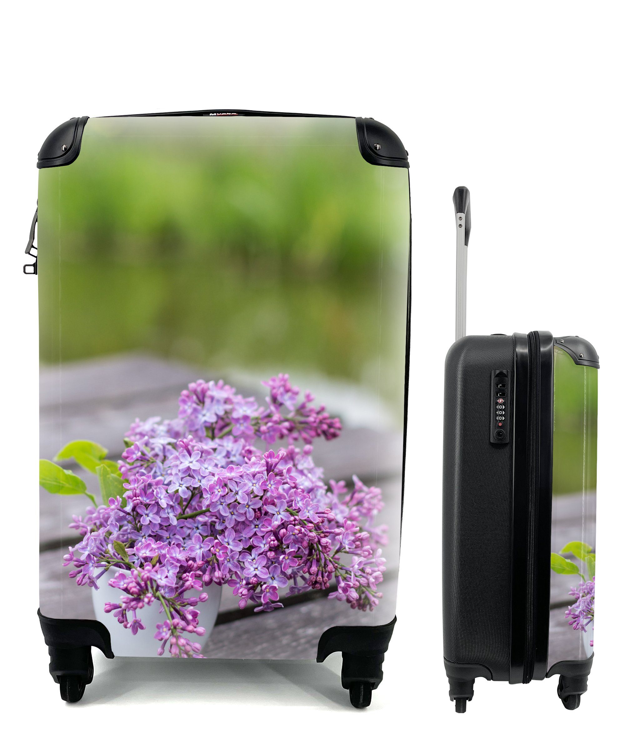 MuchoWow Handgepäckkoffer Blumenstrauß aus Flieder auf einem Tisch, 4 Rollen, Reisetasche mit rollen, Handgepäck für Ferien, Trolley, Reisekoffer