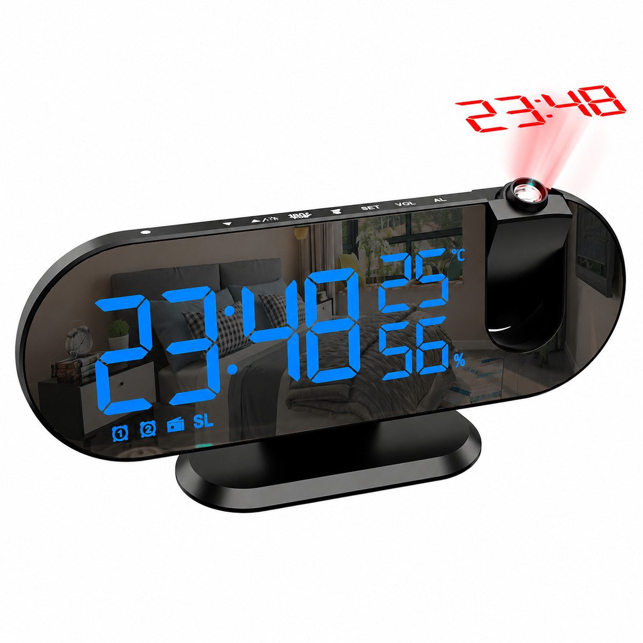 Forrlite Wecker wecker Digital mit 180° Projektor, LED-Anzeige, 3-stufigem Helligkeitsdimmer,USB-Ladeanschluss & progressiver Lautstärke