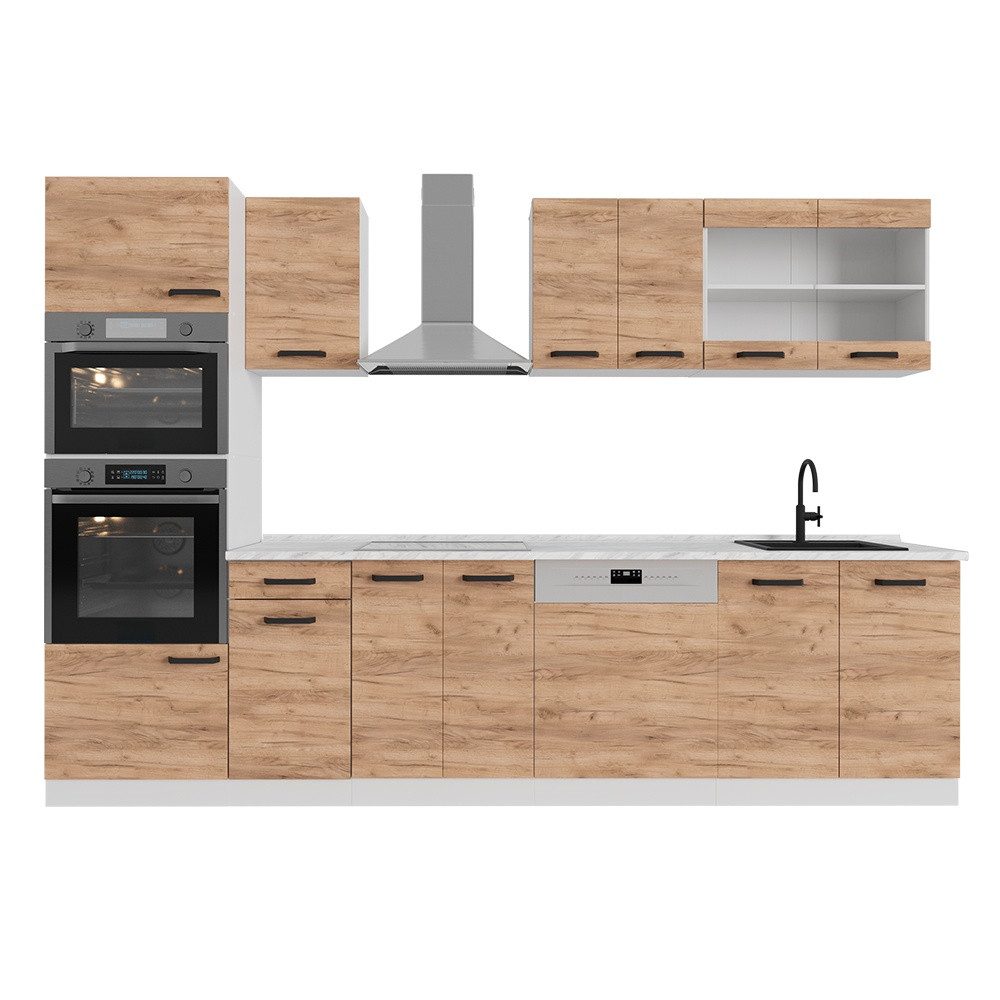 Vicco Küchenzeile R-Line, Goldkraft Eiche/Weiß/Weiß, 300 cm ohne Arbeitsplatte