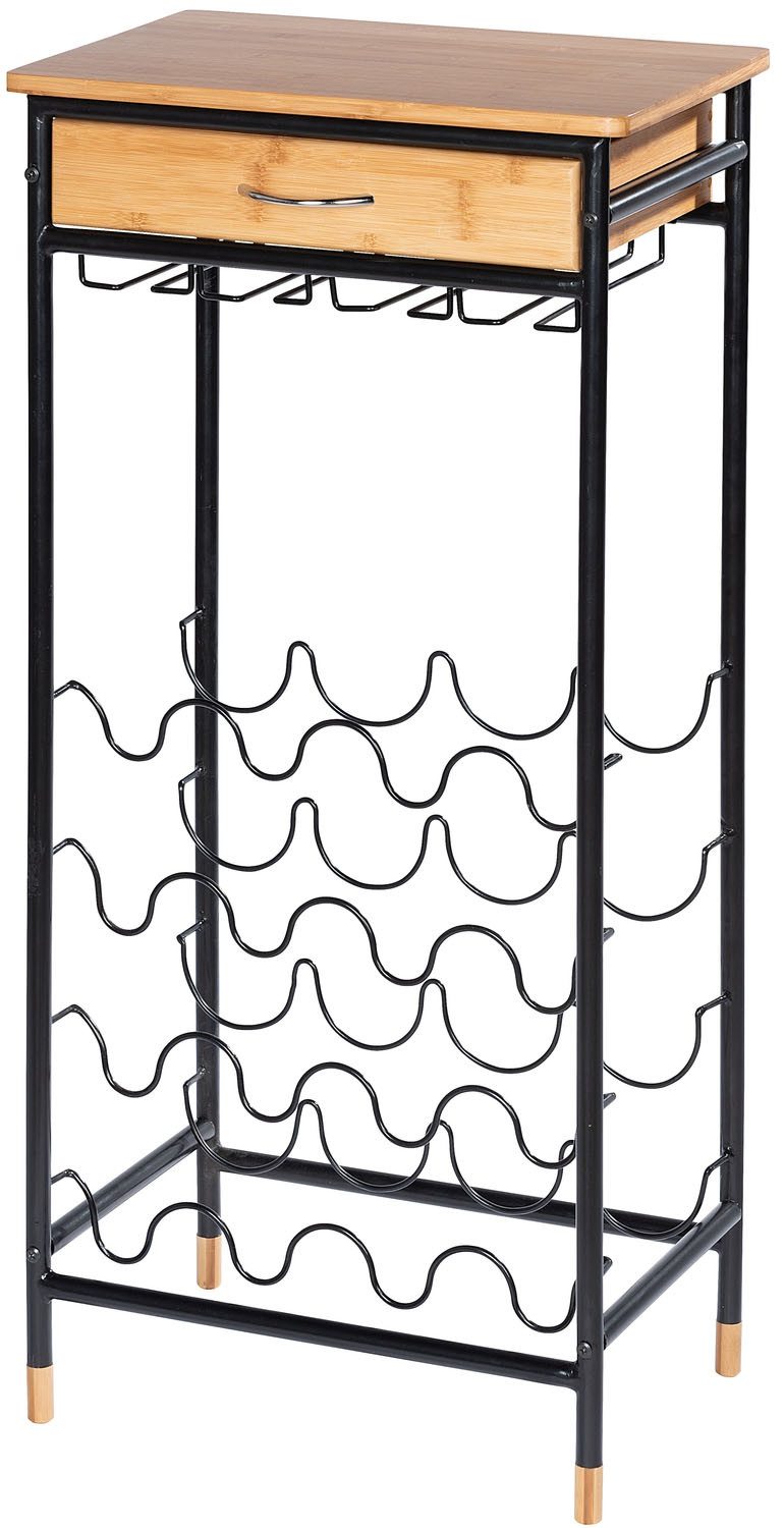 WENKO Weinflaschenhalter Modell Loft, Flaschenregal für 16 Flaschen mit Schublade, Metall und Bambus