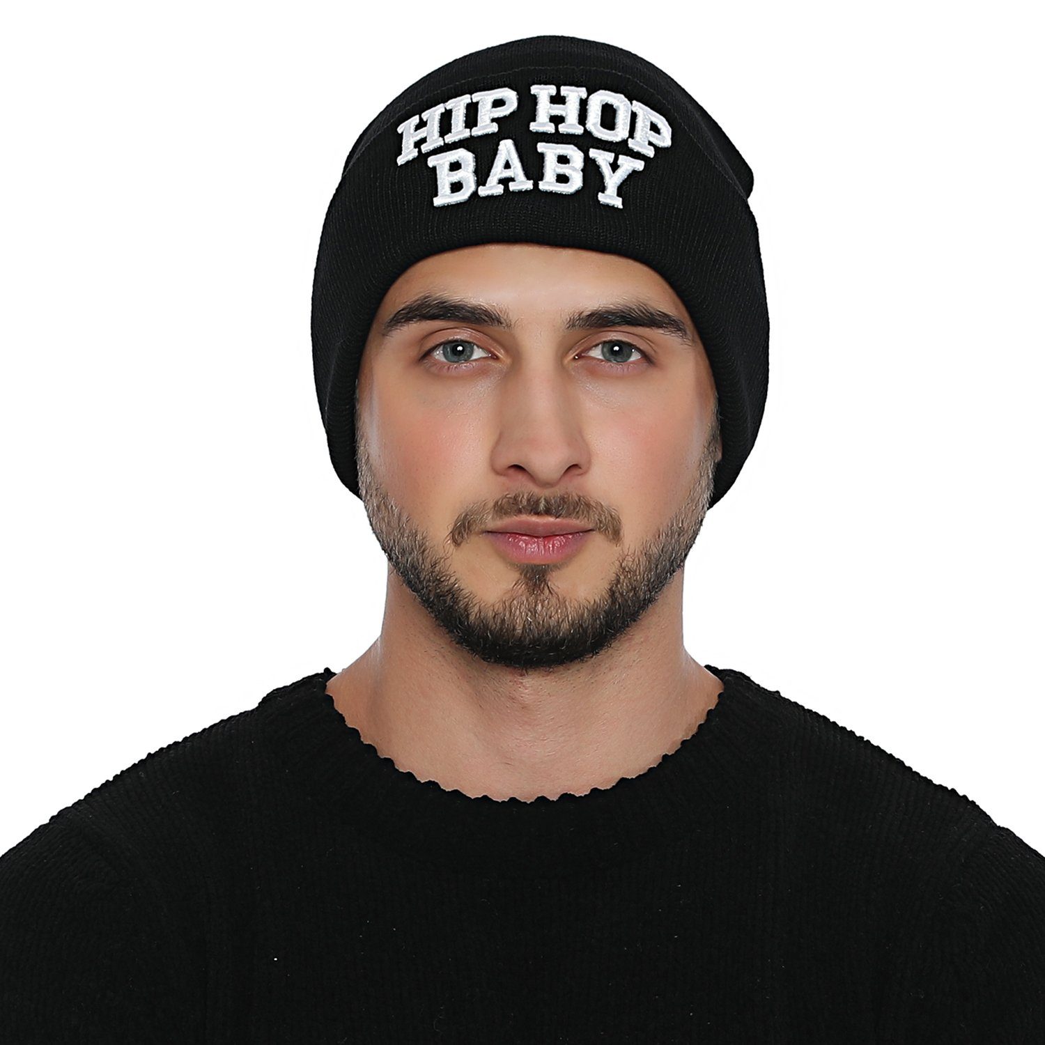 (Packung, coolem DonDon Statement-Print, HOP stylische schwarz mit BABY" Beanie Wintermütze, Krempe 1-St) Beanie Herren "HIP - Strickmütze mit Winter