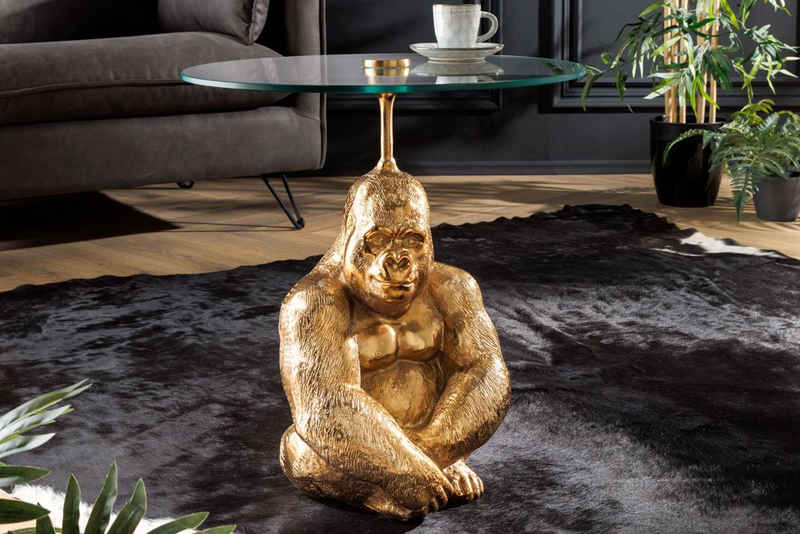 riess-ambiente Beistelltisch KONG 50cm gold / transparent (Einzelartikel, 1-St), Wohnzimmer · Metall · Glas · rund · Affenfigur · Gorilla-Skulptur
