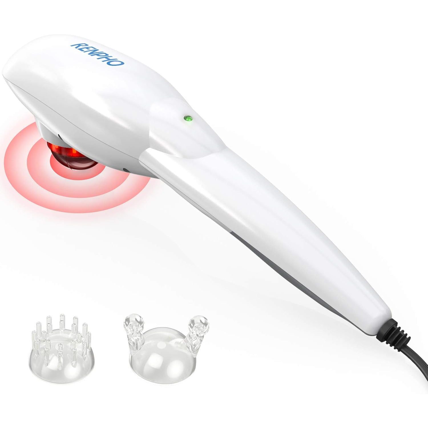 RENPHO Massagegerät Handheld Rückenmassagegerät mit Wärme, Rückenmassage mit Wärme, 3 Aufsätze, 5 Stufen, Abschaltung, Netz