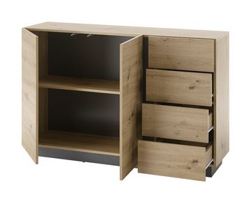 Furn.Design Kommode Louna (Sideboard Eiche Artisan und Graphit grau, 138 x 91 cm), mit Push-To-Open-Funktion, 4 Schubladen