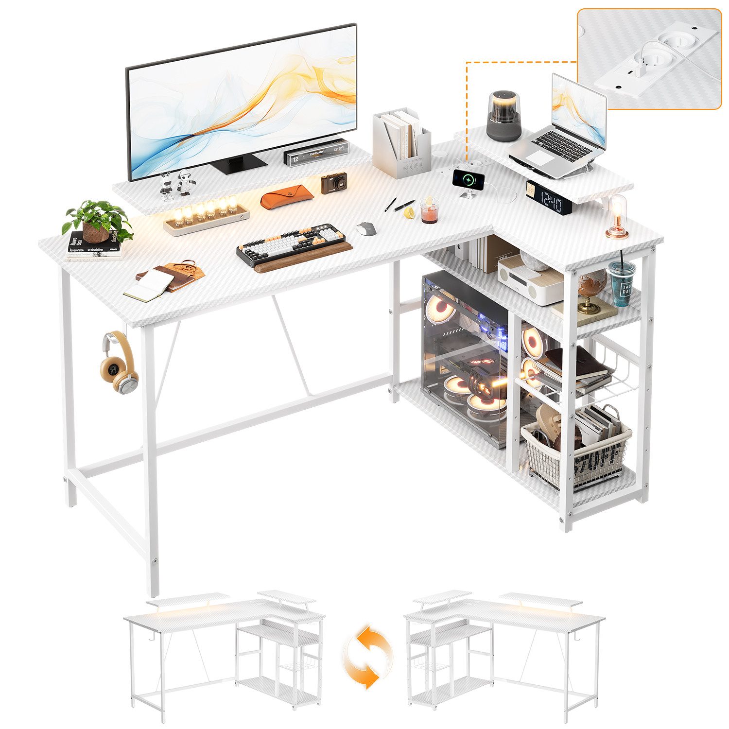 Furnicopia Eckschreibtisch L-förmiger Gaming-Schreibtisch mit Stauraum, Steckdosen und LED (120/140 cm großer Schreibtisch mit zwei Monitorhalterungen, zwei Ablagen, einer verstellbaren Ablage, einem Becherhalter und einem Kopfhörerhalter)