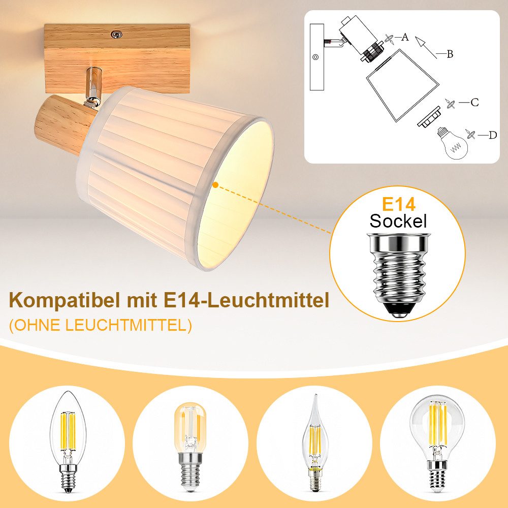 Nettlife Deckenstrahler Retro 1/2/3/4Flammig Holz Deckenleuchte E14 Vintage Boho Deckenspots, Schwenkbar 350°, ohne Leuchtmittel, für Wohnzimmer Schlafzimmer Küche Flur