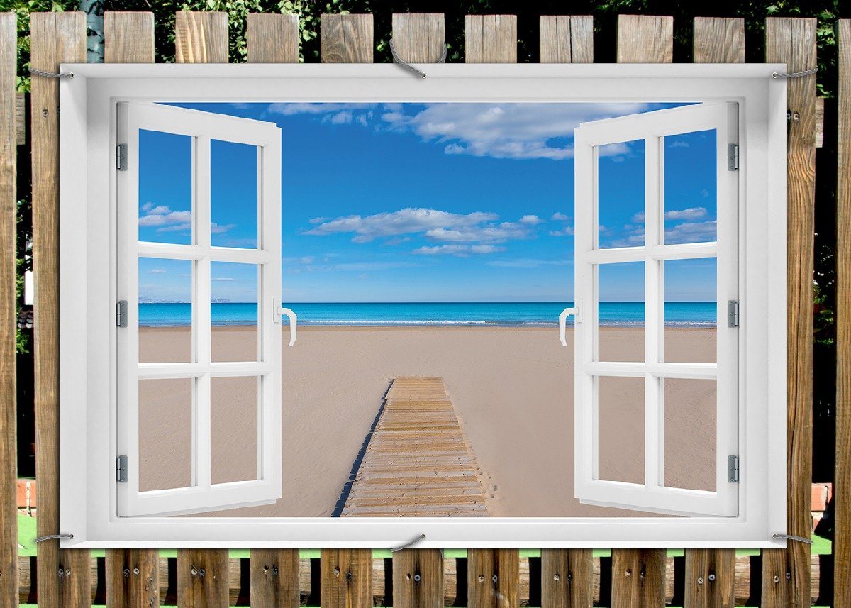 Thumbnail - Wallario Sichtschutzzaunmatten Auf dem Holzweg zum blauen Meer, mit Fenster-Illusion