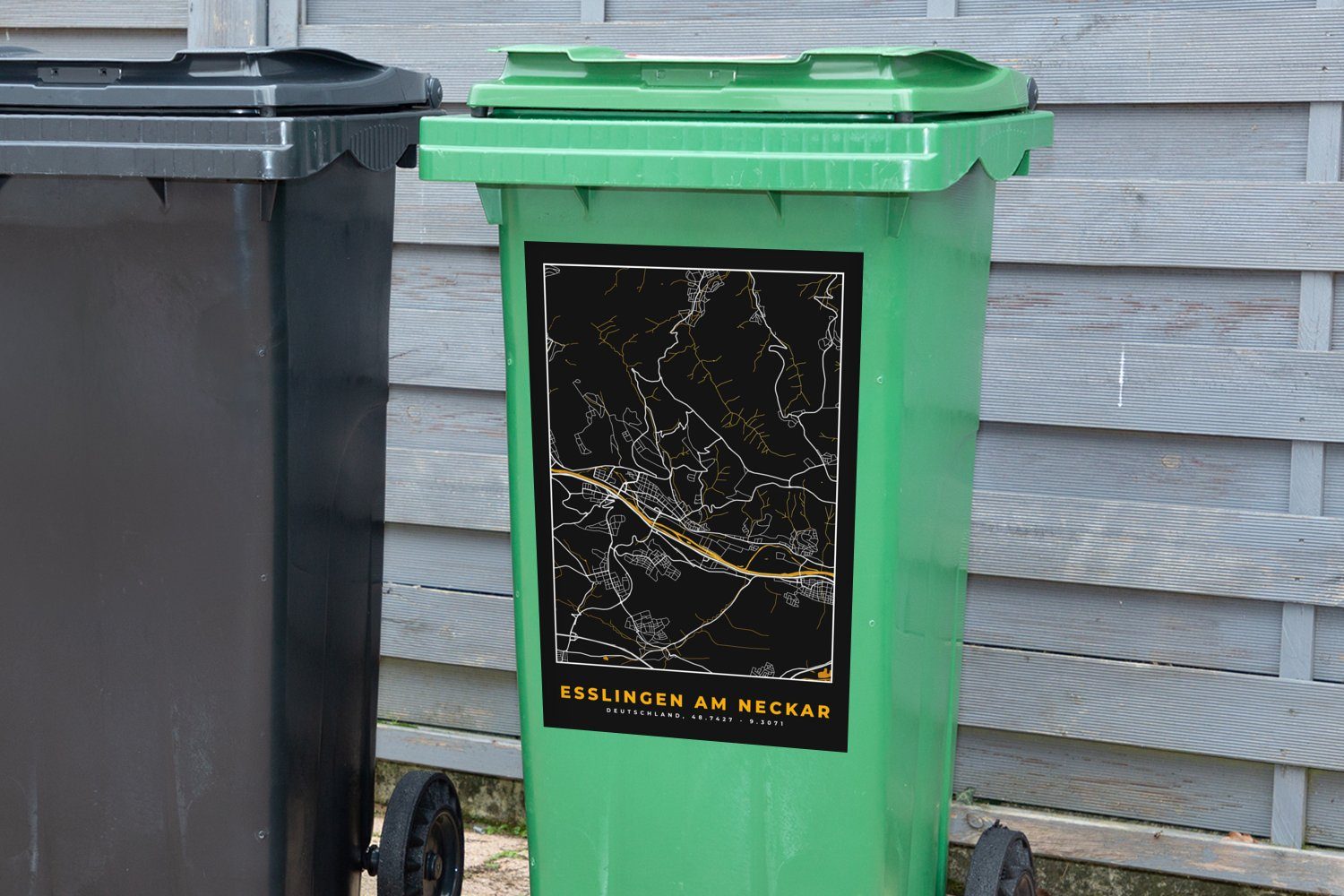 MuchoWow Wandsticker Sticker, Stadtplan - - (1 - - Esslingen Deutschland am Gold Karte - St), Karte Abfalbehälter Mülleimer-aufkleber, Neckar Container, Mülltonne