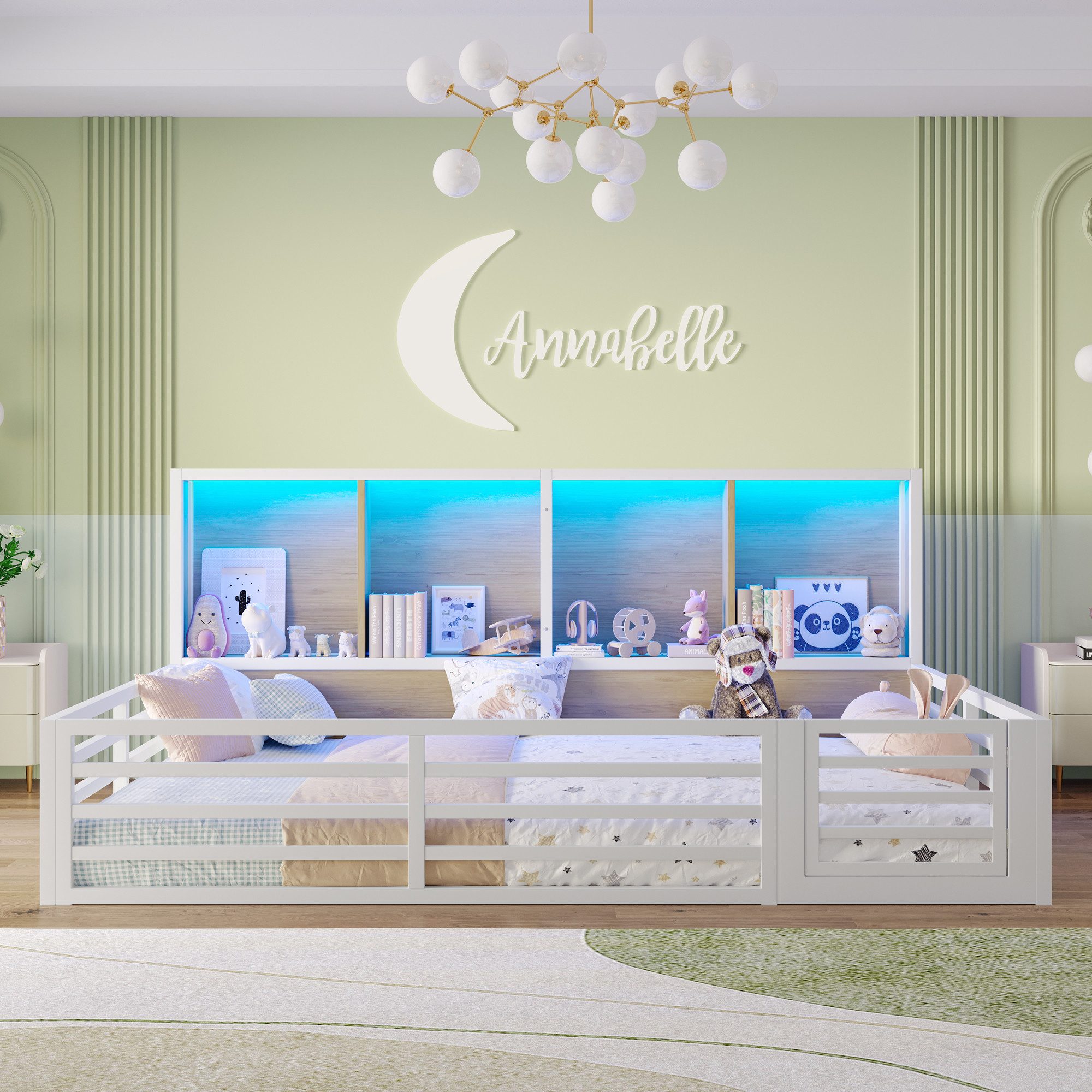 Merax Kinderbett (Plattformbett aus Metallrahmen und MDF, 1-tlg., Daybed für Kinder & Jugendzimmer), Metall Zaunbett 140x200cm mit LED Ablagefächer Geländer Lattenrost