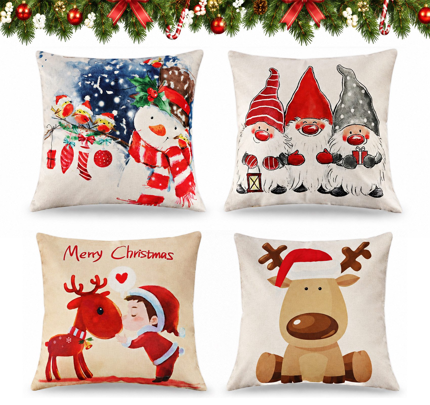 lindahandel Kissenbezüge Weihnachts Kissenbezüge 4er Set 45x45 cm, Leinen mit Reißverschluss, 4 verschiedene Motive–Weihnachtsmann,Rentier,Zwerge,Festdeko für Sofa