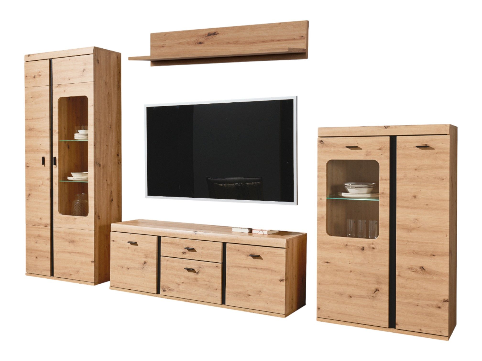 moebel-dich-auf Wohnwand KOS, (in Artisan Eiche, Vitrine + Wandboard + Lowboard + Stauraumelement), Softclose, inkl. LED-Beleuchtung