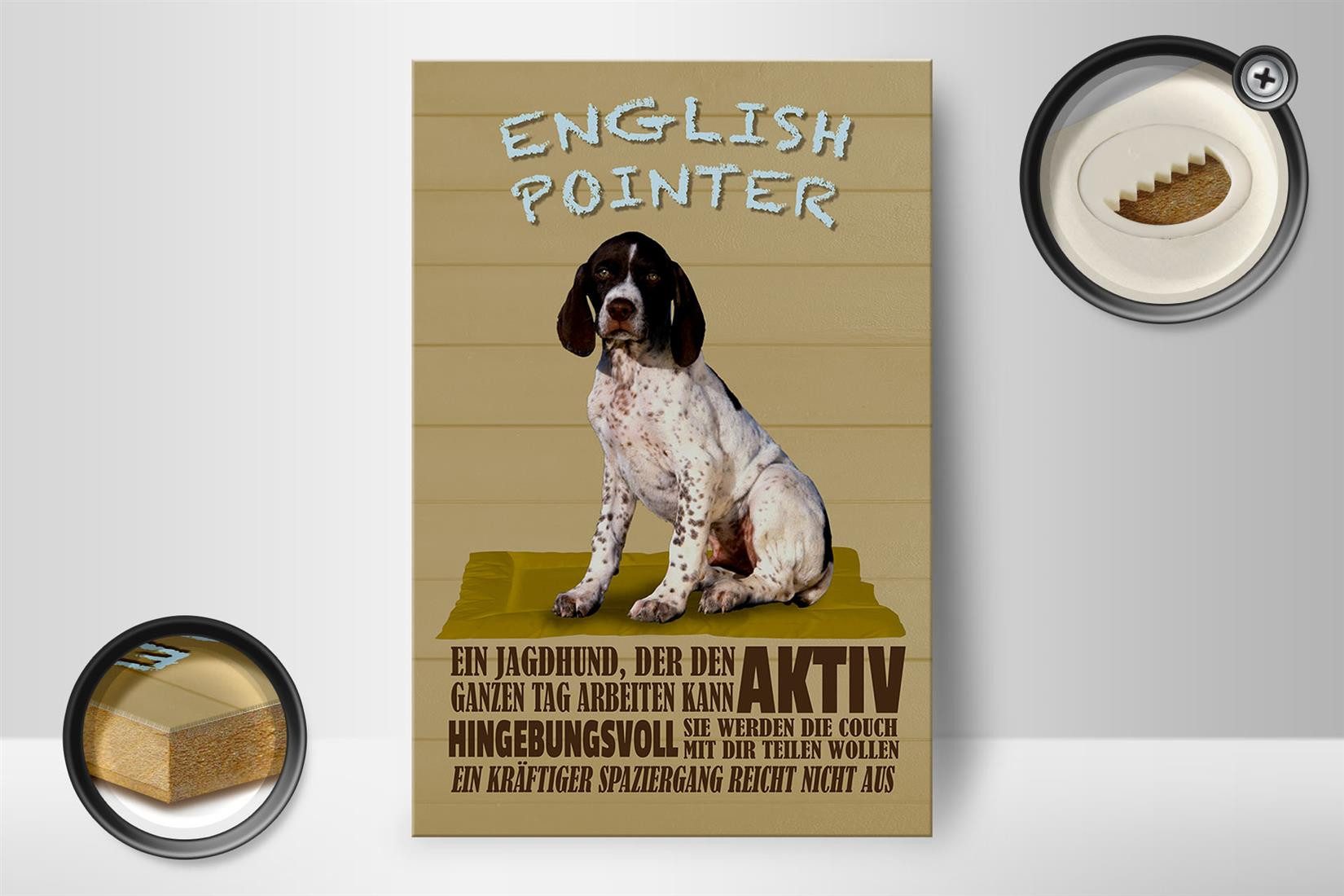 Femer GmbH Holzbild Spruch 12x18 cm English Pointer Jagdhund aktiv, Sprüche Zitate Lustiges (1 St), Glatte Holzfaserplatte (MDF), vorn beschichtet